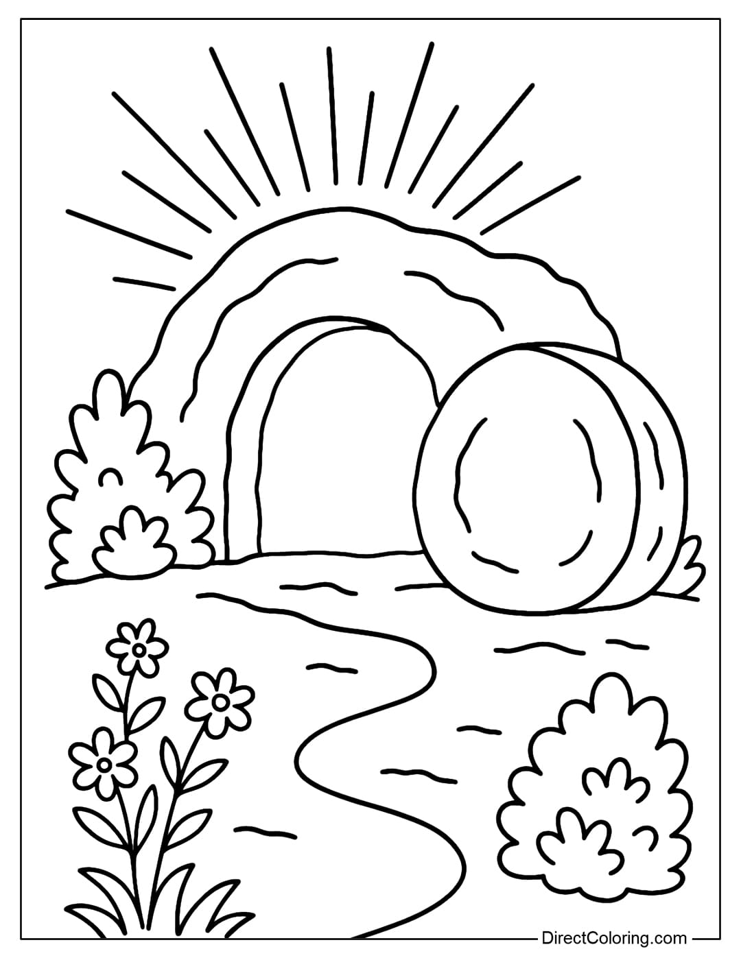 An empty tomb coloring page with a rolled stone, light shining, and some flowers and bushes.