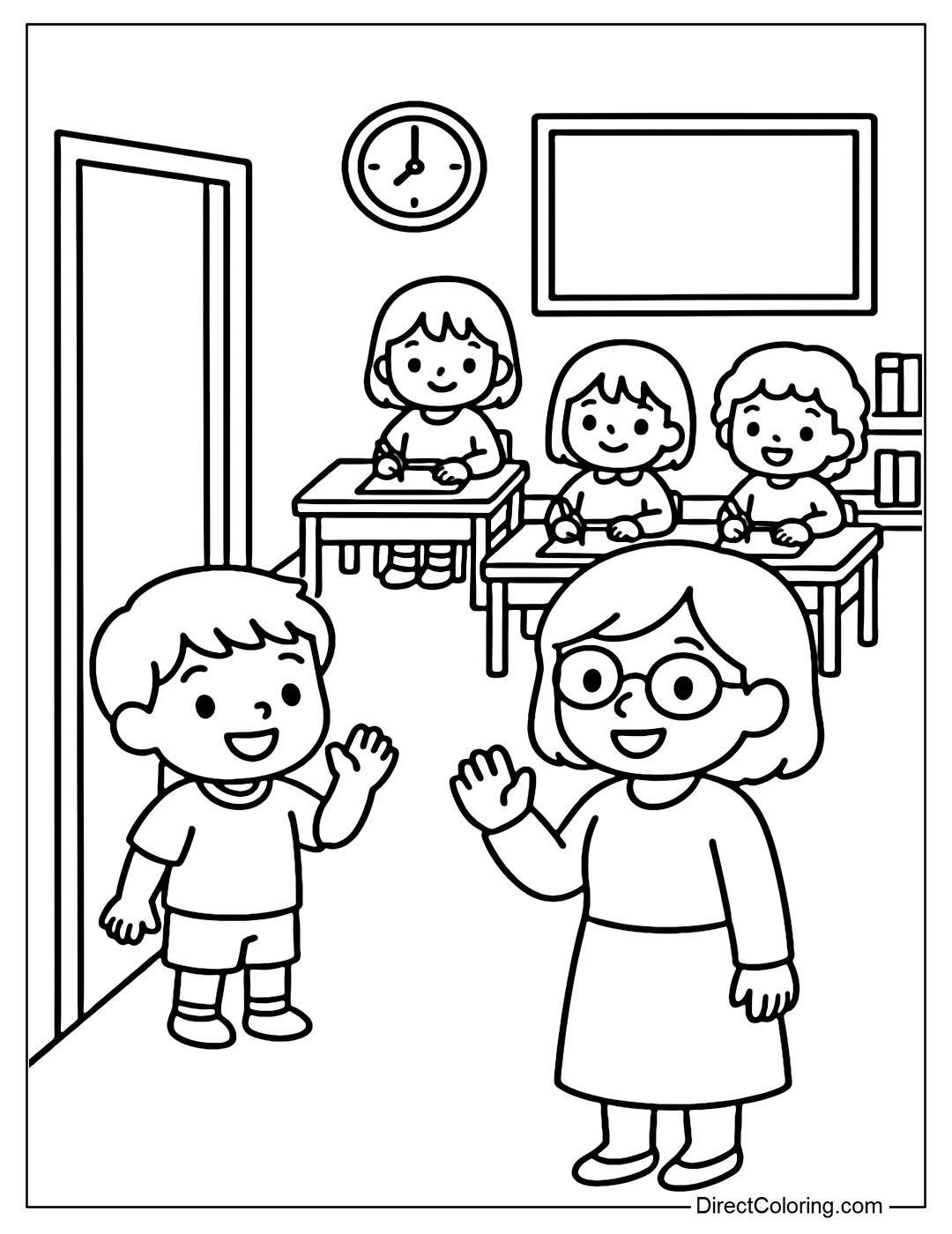 A coloring page of a child greeting the teacher at the classroom door, the other children are sitting at their desks, the classroom is cozy.