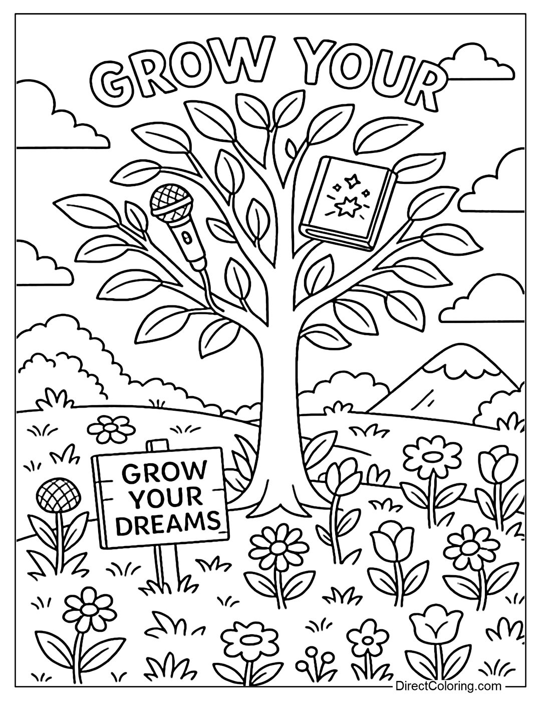 Coloring page of the garden where the tree grows dreams: microphone, magic book, piano. Small sign says 