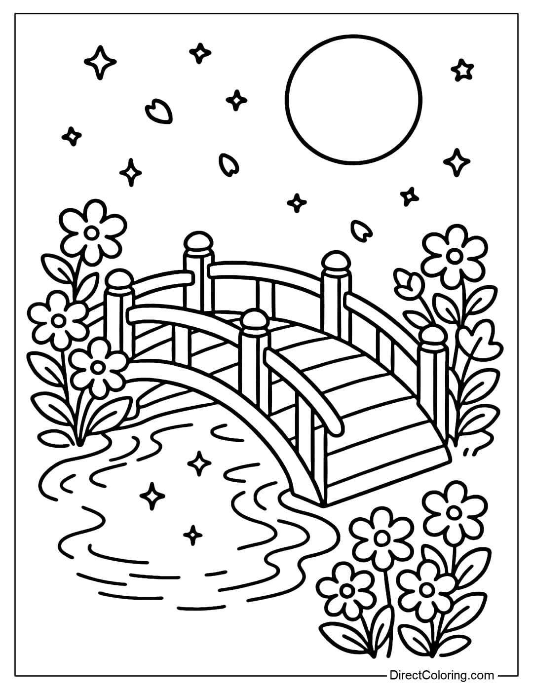 A small wooden bridge coloring page spanning the lake, with flowers blooming gently on both sides of the bridge.