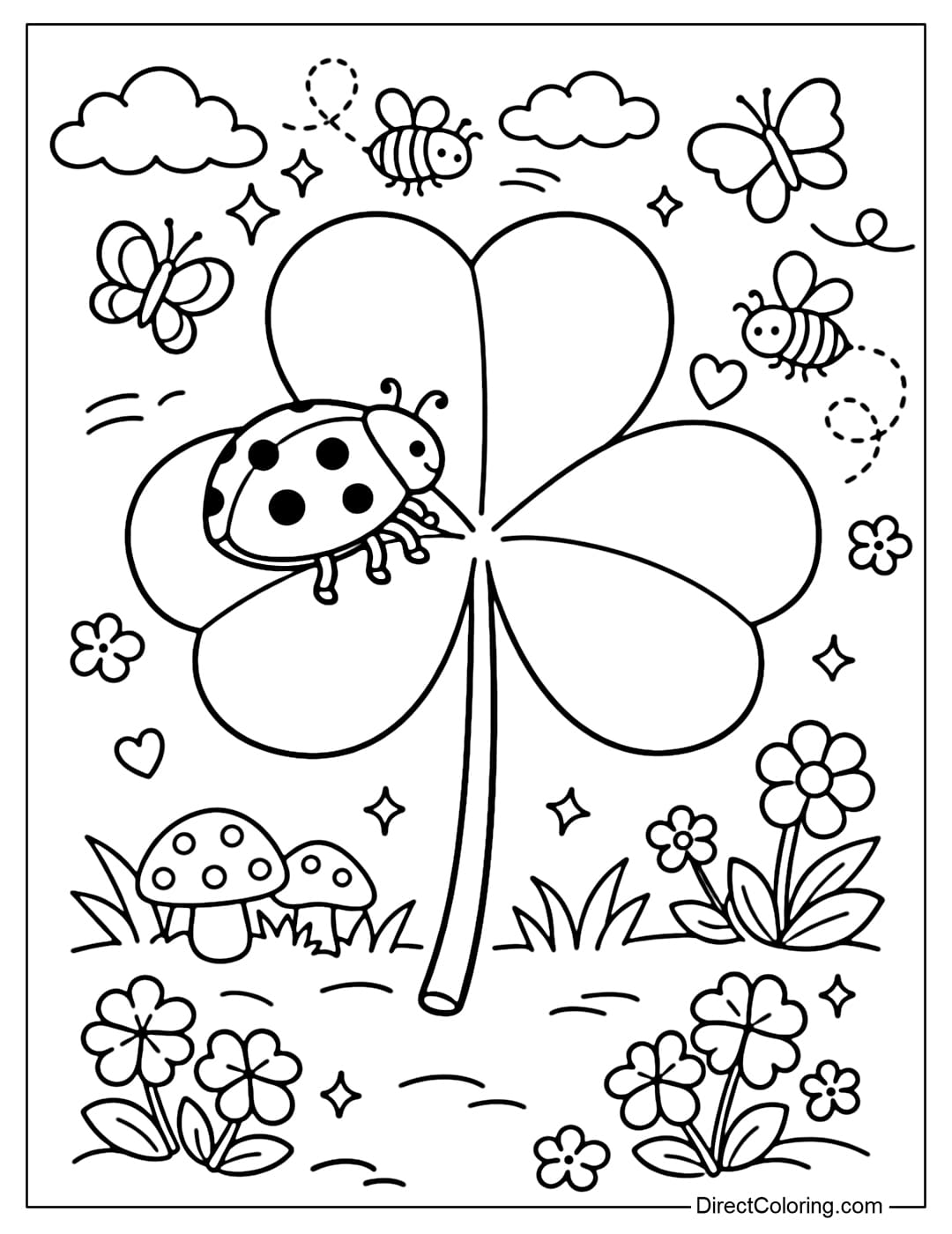 A coloring page featuring a large shamrock with a ladybug perched on it.