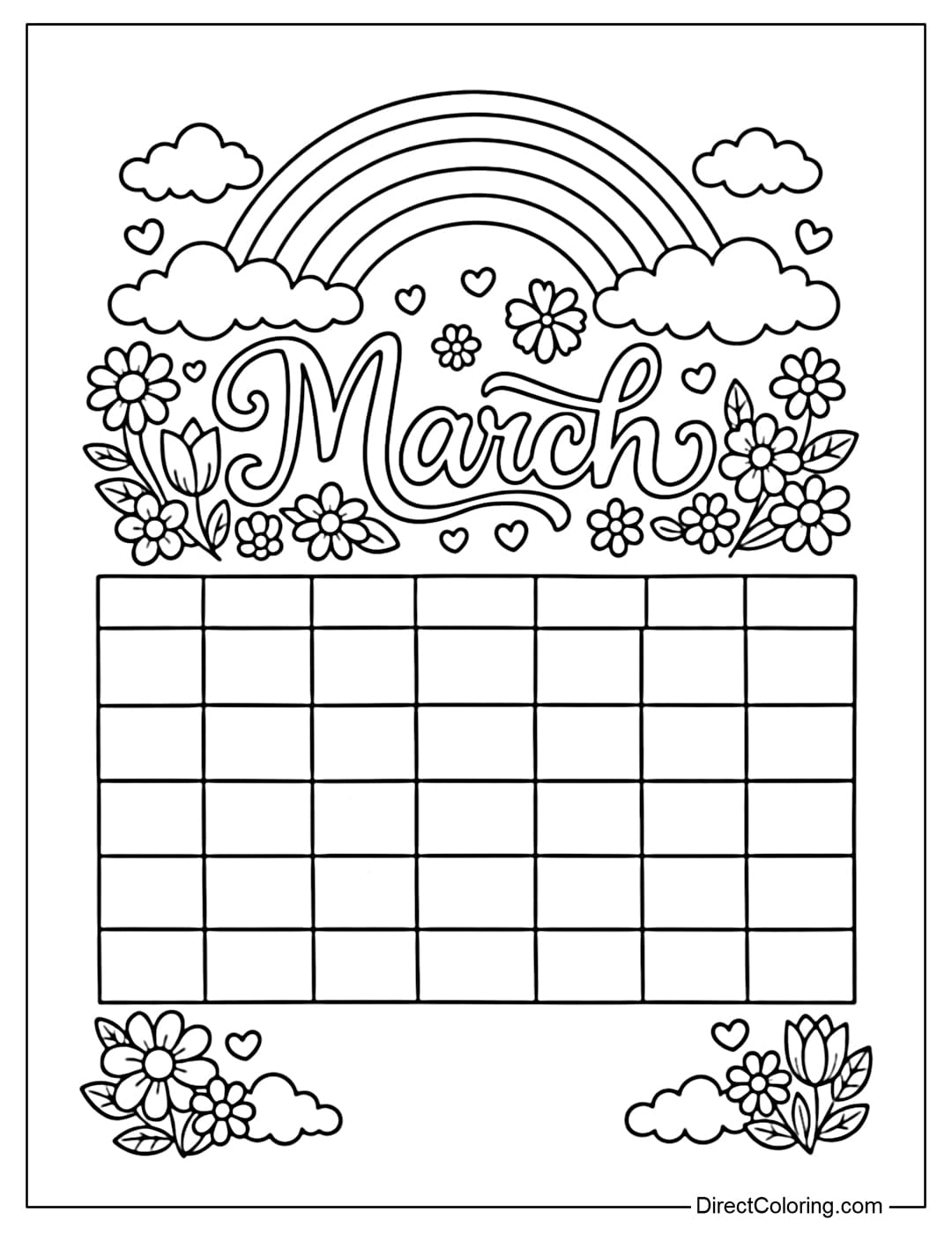 A March calendar coloring page with the word 