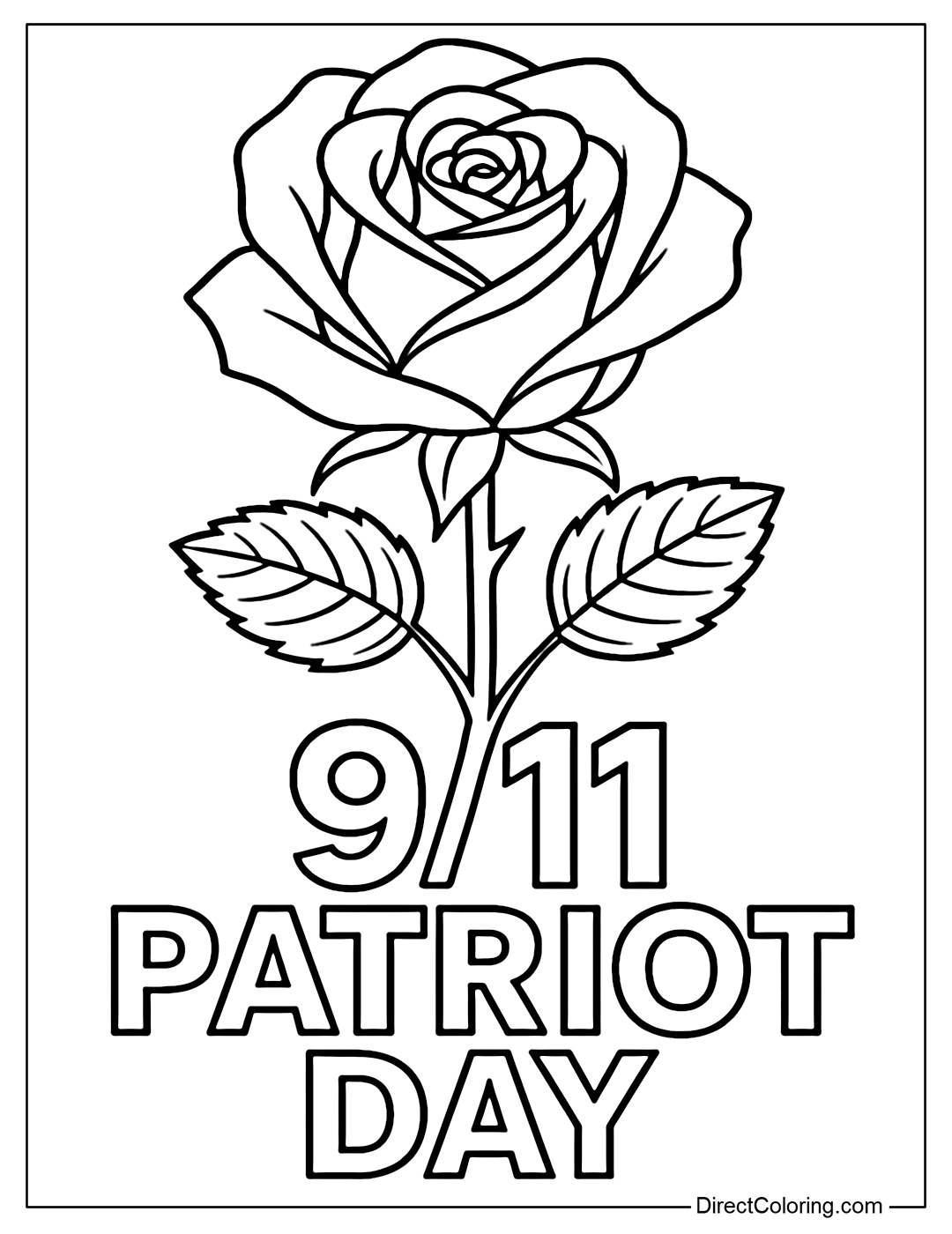 Coloring page of a large memorial rose, with the words 