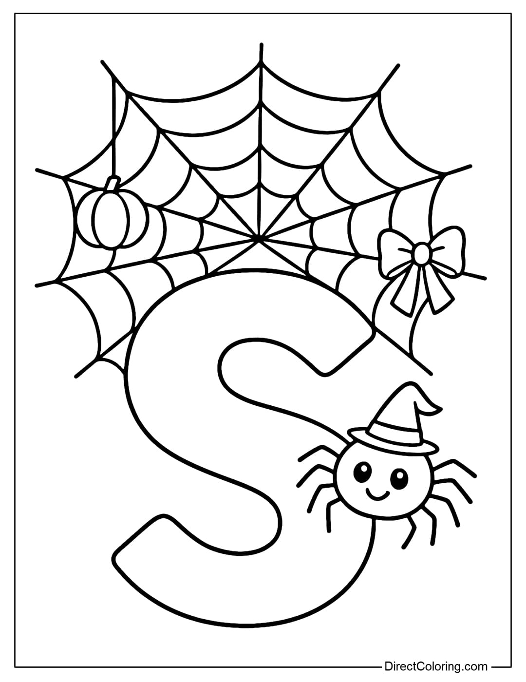 A letter S coloring page with a large spider web, a cute spider wearing a small hat. A mini pumpkin and a bow are hung around the spider web.
