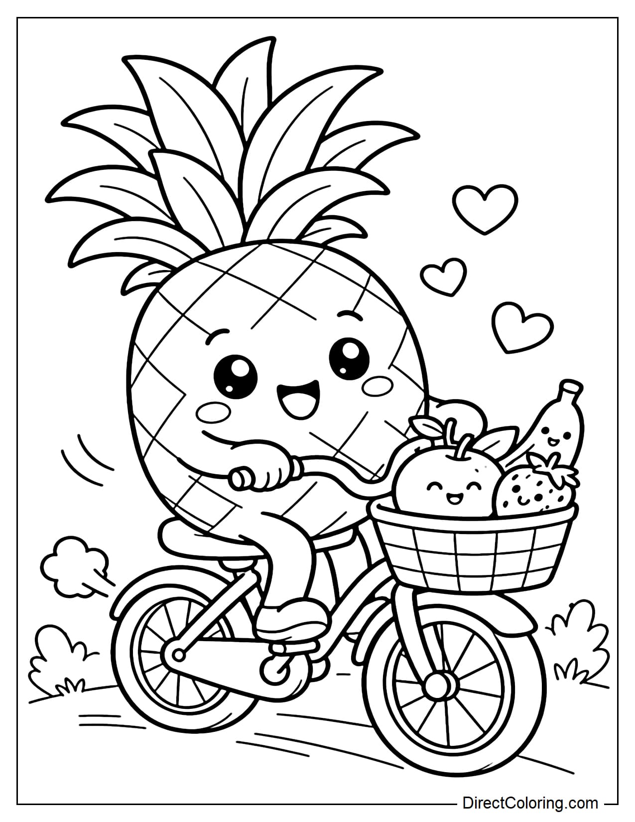A pineapple is riding a small bicycle with a basket in the front, containing some small fruits.