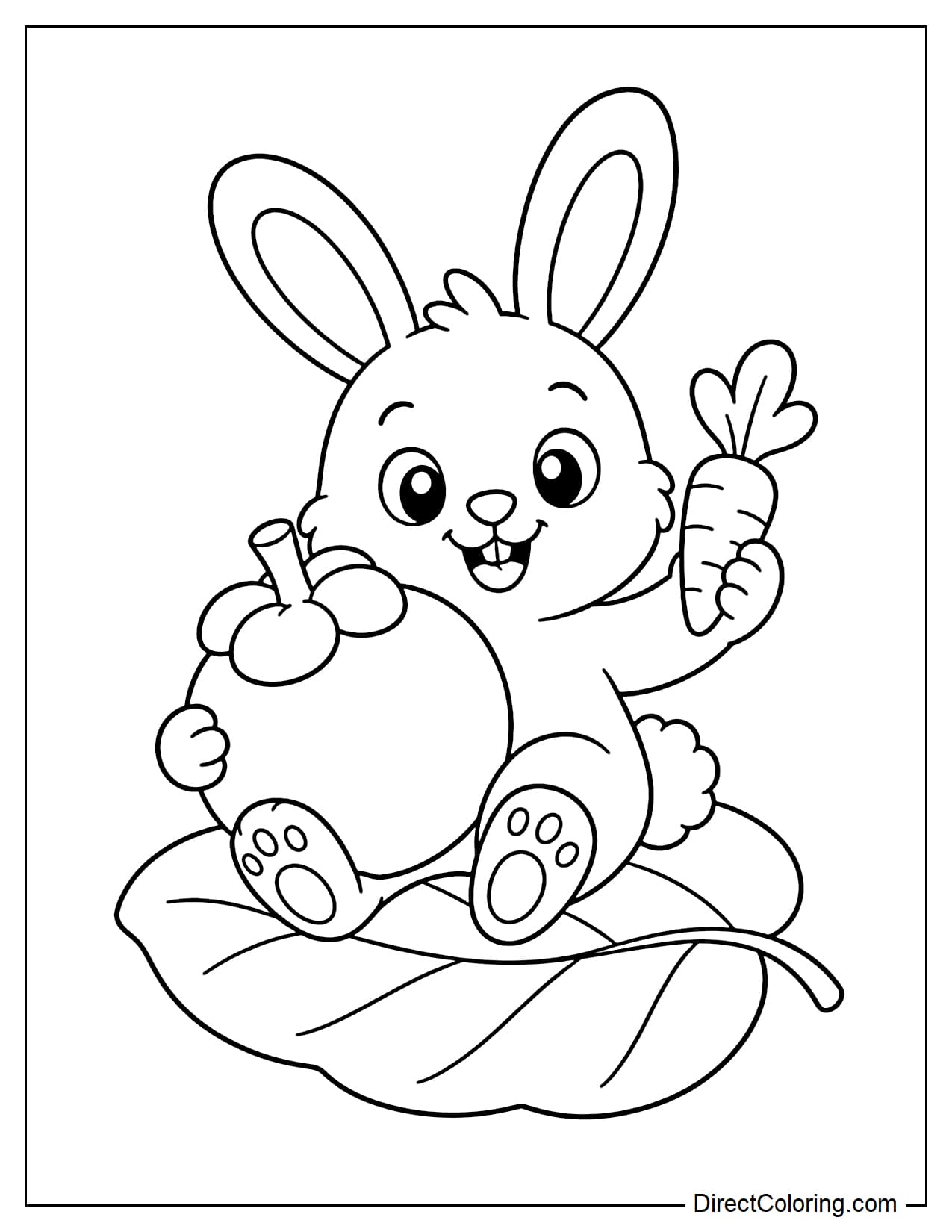 A rabbit sits while hugging a giant mangosteen with one paw and holding a small carrot in the other.