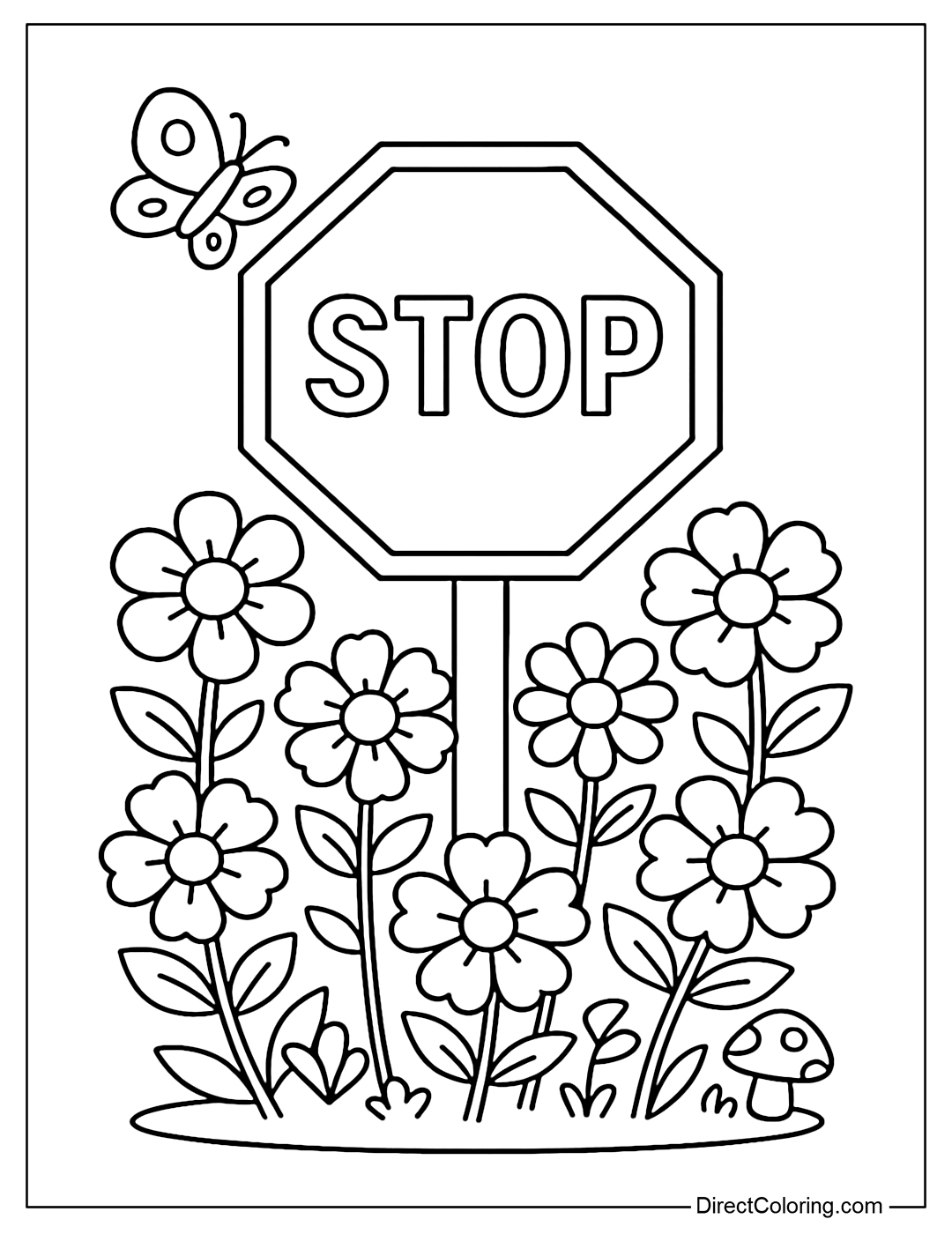 STOP sign coloring page in the middle of a blooming flower garden, with butterflies flying and small mushrooms around.