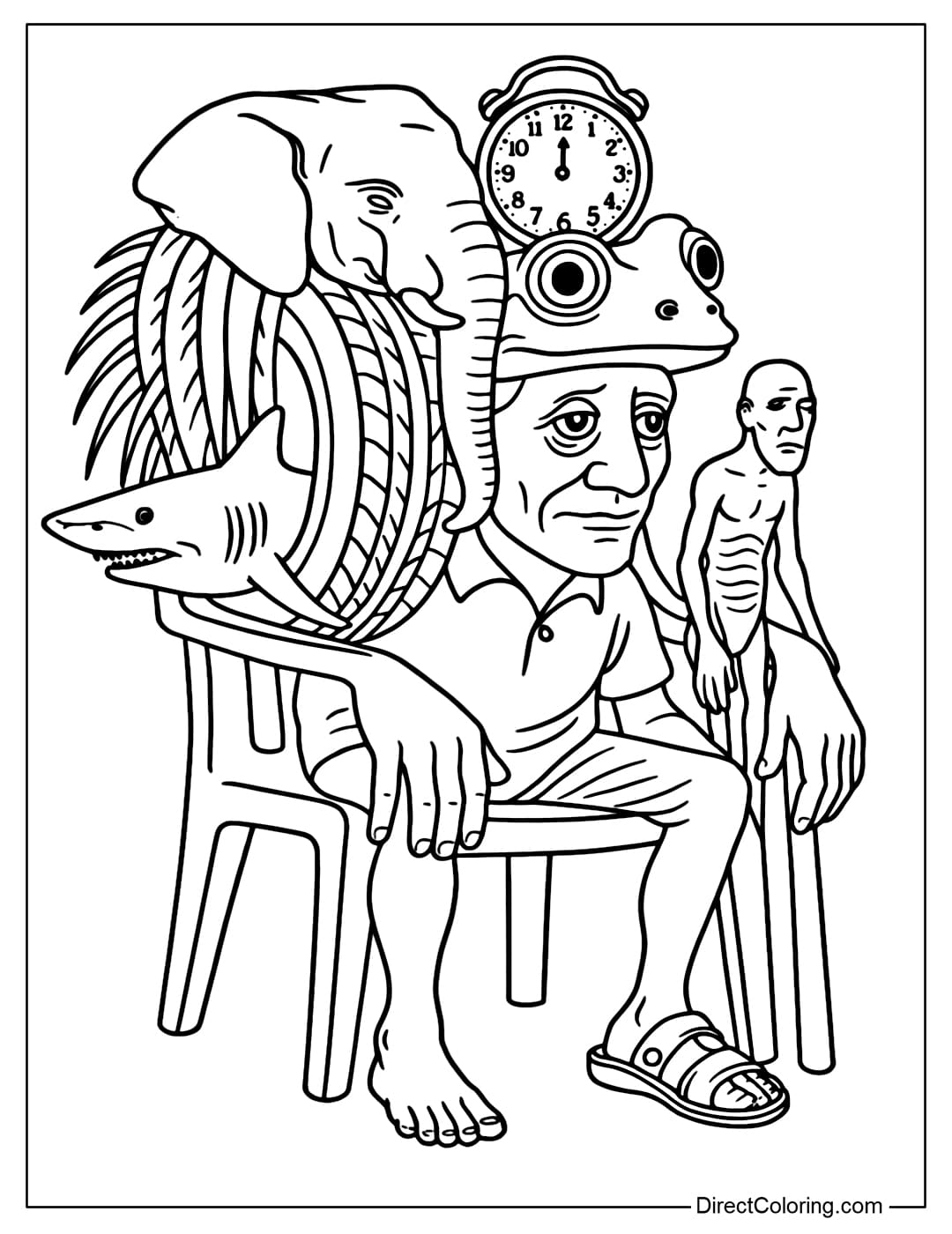 Coloring page of Italian Brainrot Characters including Tralalero Tralala, Lirily Larila, Tung Tung Tung Sahur, Bombardiro Crocodilo.