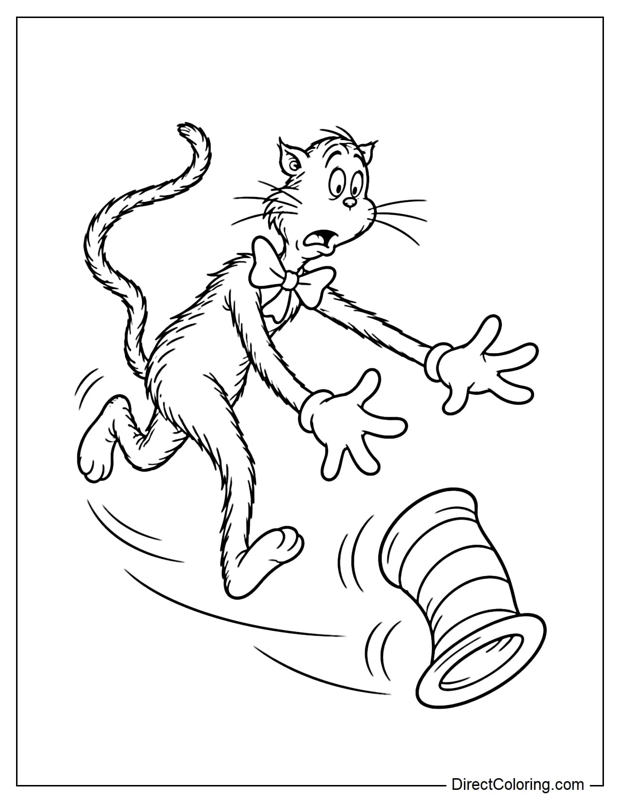 The Cat in the Hat runs after his tall striped hat as it rolls along the ground, reaching both hands forward to catch it.