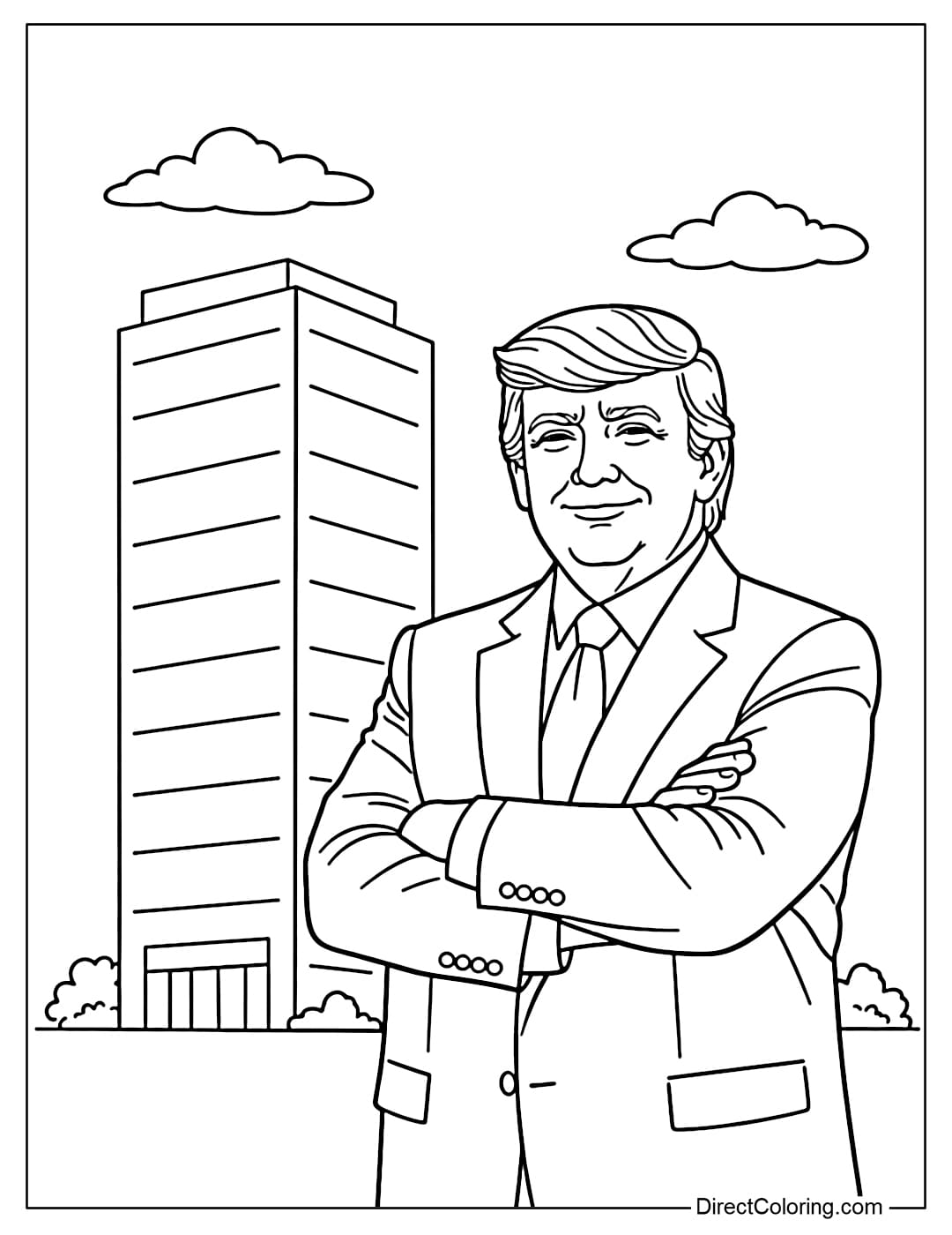 A coloring page of Donald Trump standing next to a simple building.
