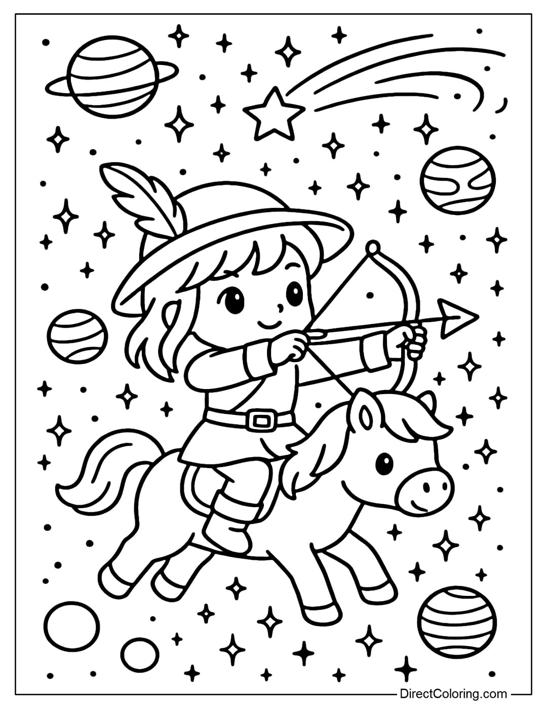 Sagittarius coloring page wearing a hunter's outfit, a feather hat, riding a pony adventuring in space, shooting a bow to create a meteor.