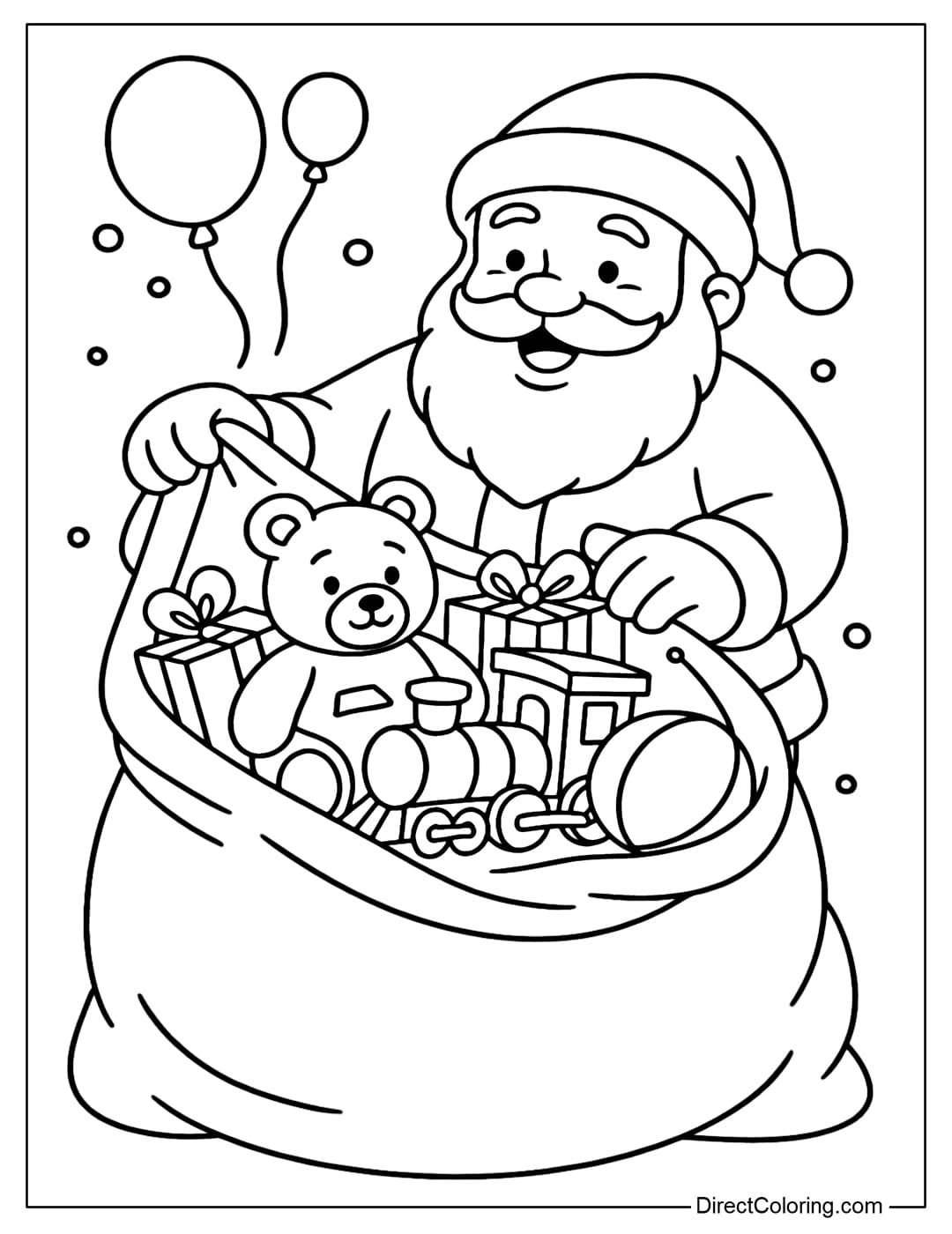 Santa with Toy Bag Coloring Page Santa Coloring Page opens a giant bag full of toys: teddy bears, trains, balloons, and a gift box peeking out.