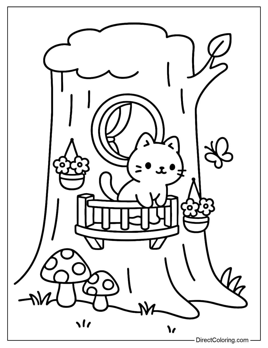 Tree Stump with Balcony Coloring Page A tree stump coloring page with a small wooden balcony, a half-open round window, and a few flower pots hanging outside.