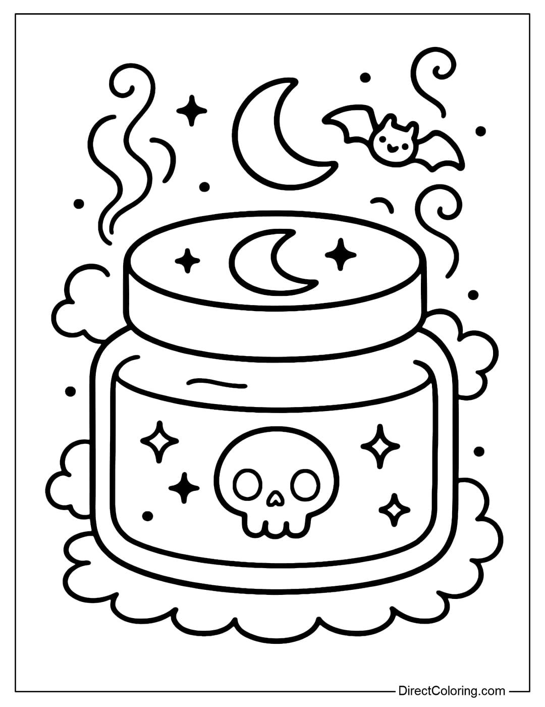 Coloring page of a witch-style night cream jar, with a crescent moon and small bat on the lid, and a mini skull and star on the body.