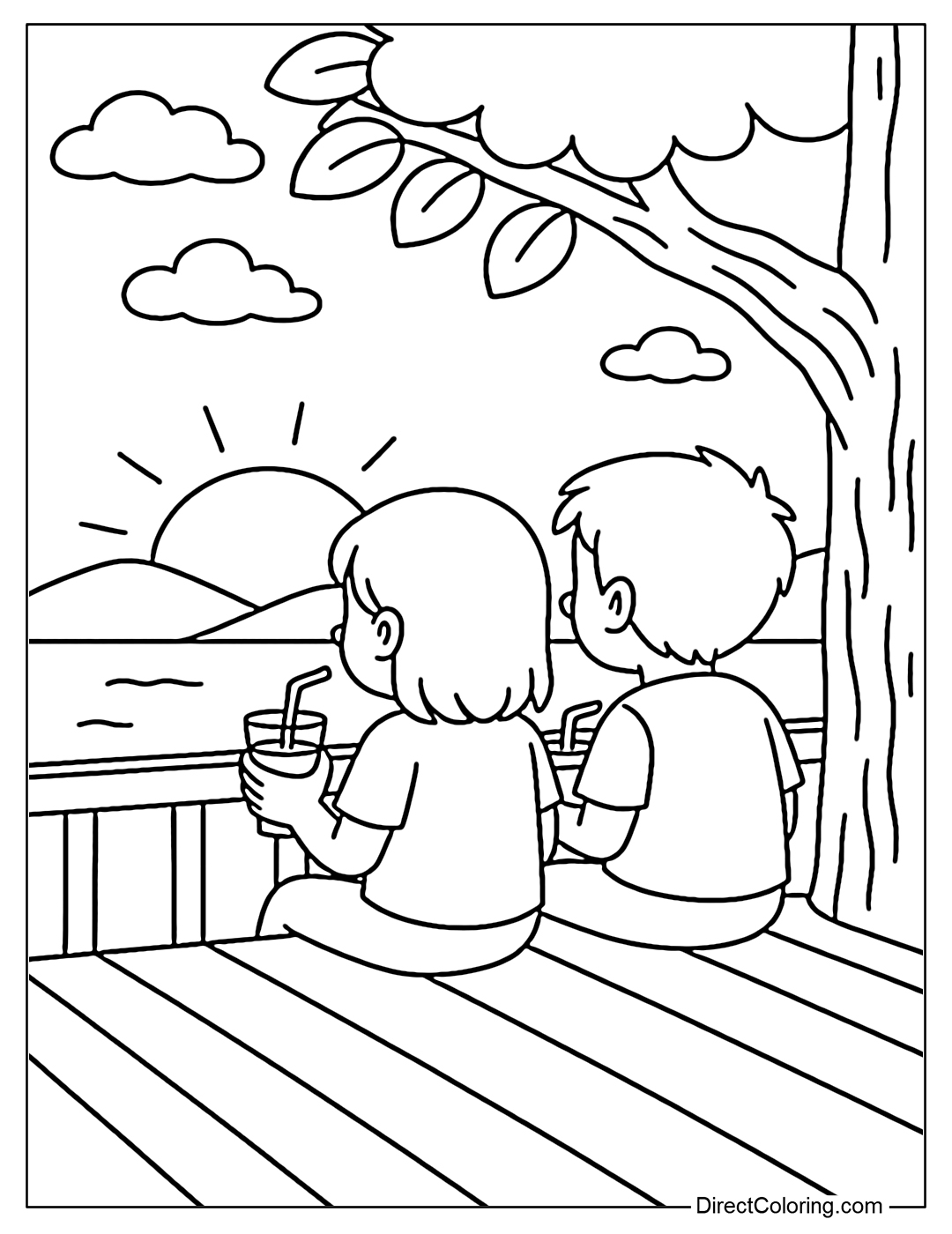 Coloring page of two friends sitting in a tree house looking out at the sunset, each holding a glass of juice.