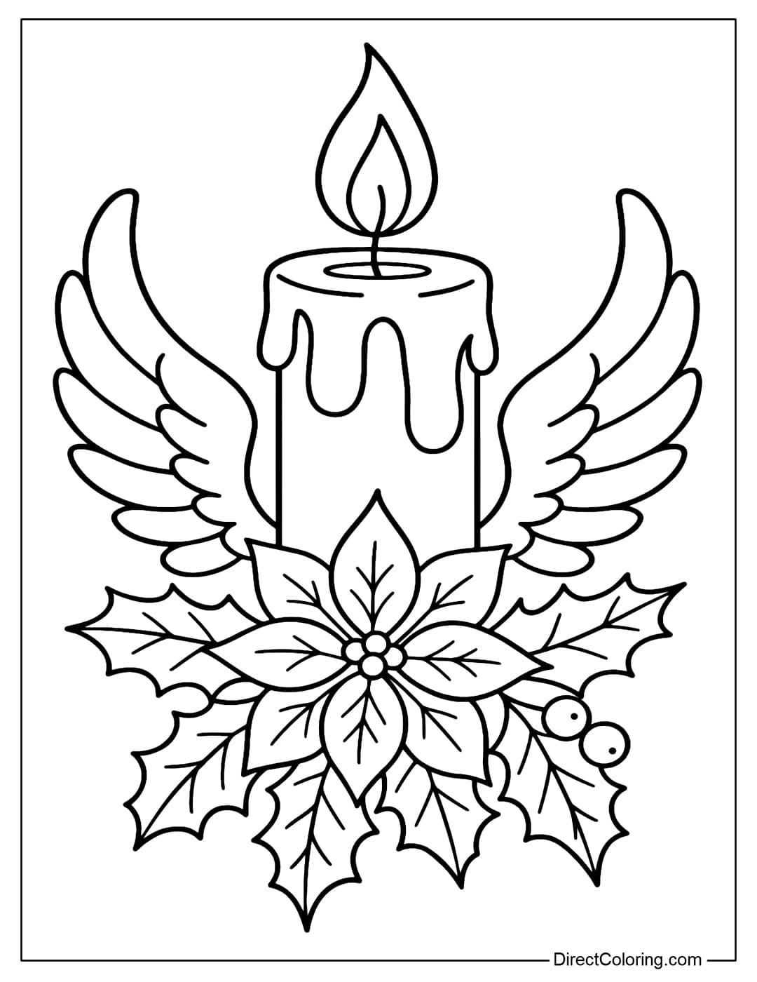 A Christmas candle coloring page with angel wings, decorated with large poinsettias and holly leaves.