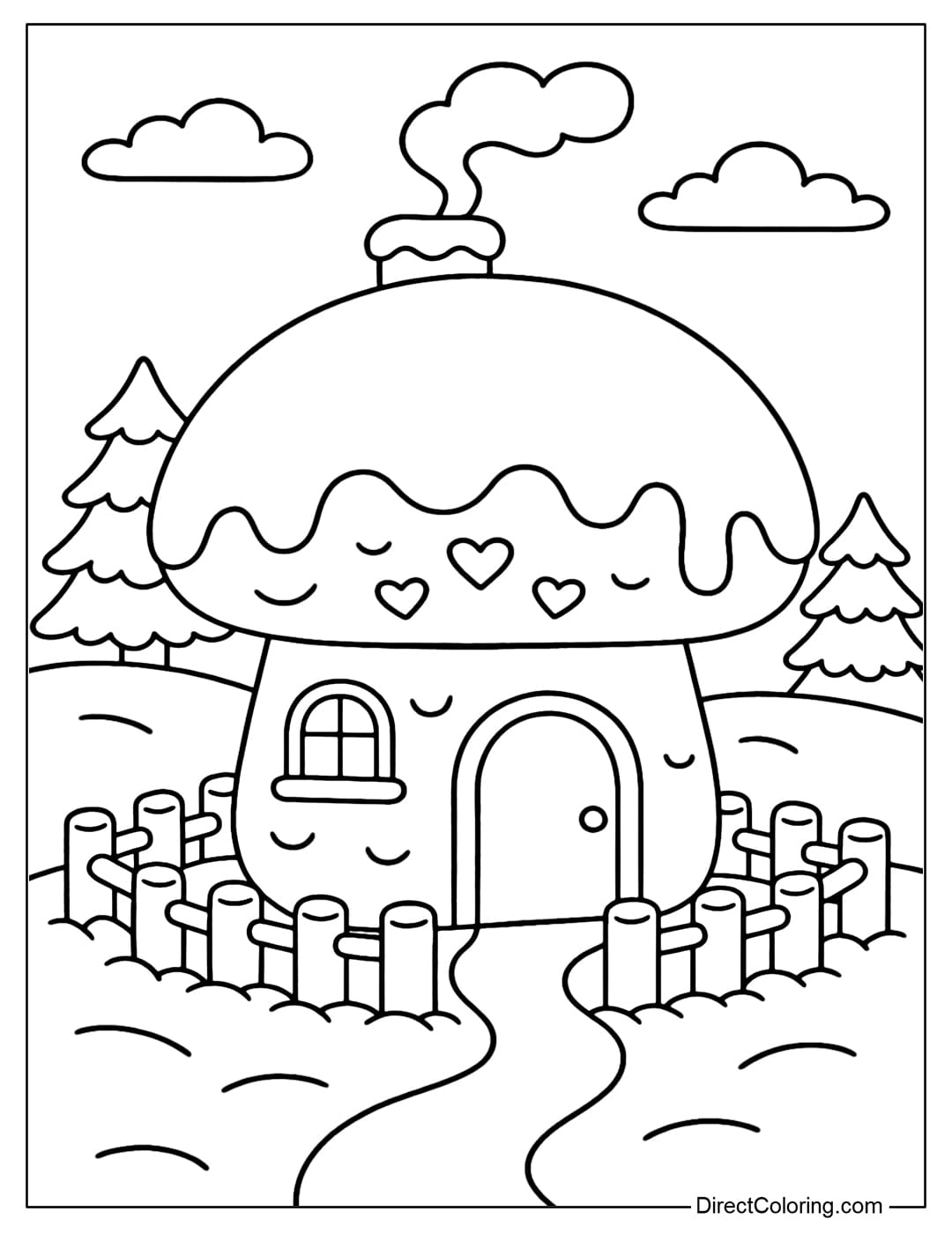A gingerbread house coloring page with a mushroom shape, a round roof covered with snow, a small door, and a fence made of marshmallows.