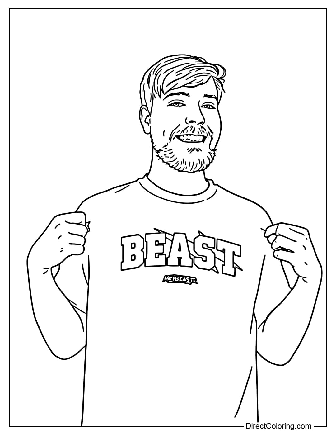 A coloring page of Mr. Beast smiling, with sideburns, wearing a t-shirt and a wide-brimmed hat, with the words 