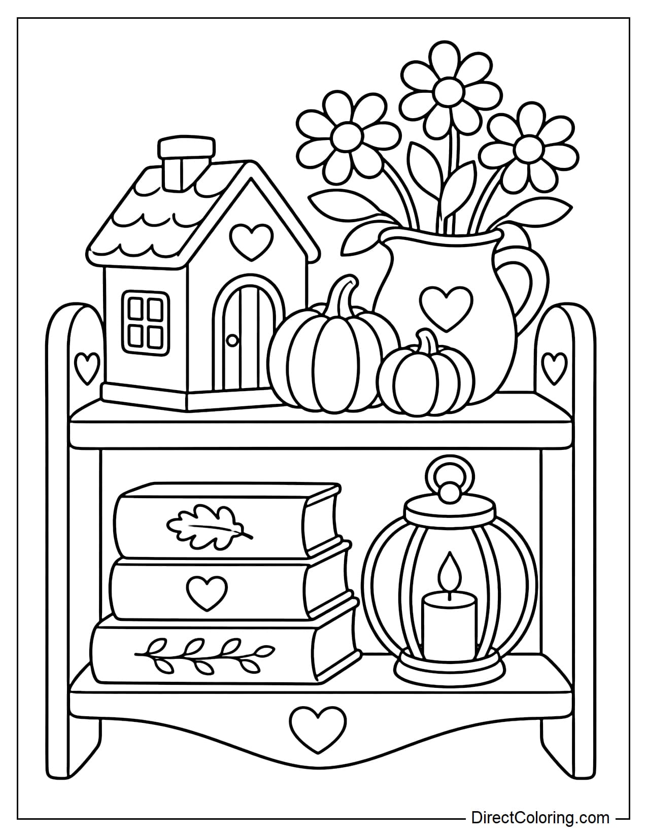 A small wooden shelf is decorated as a cozy fall corner with a miniature cottage, two small pumpkins, a vase of chrysanthemums, a stack of books, and a round lantern.