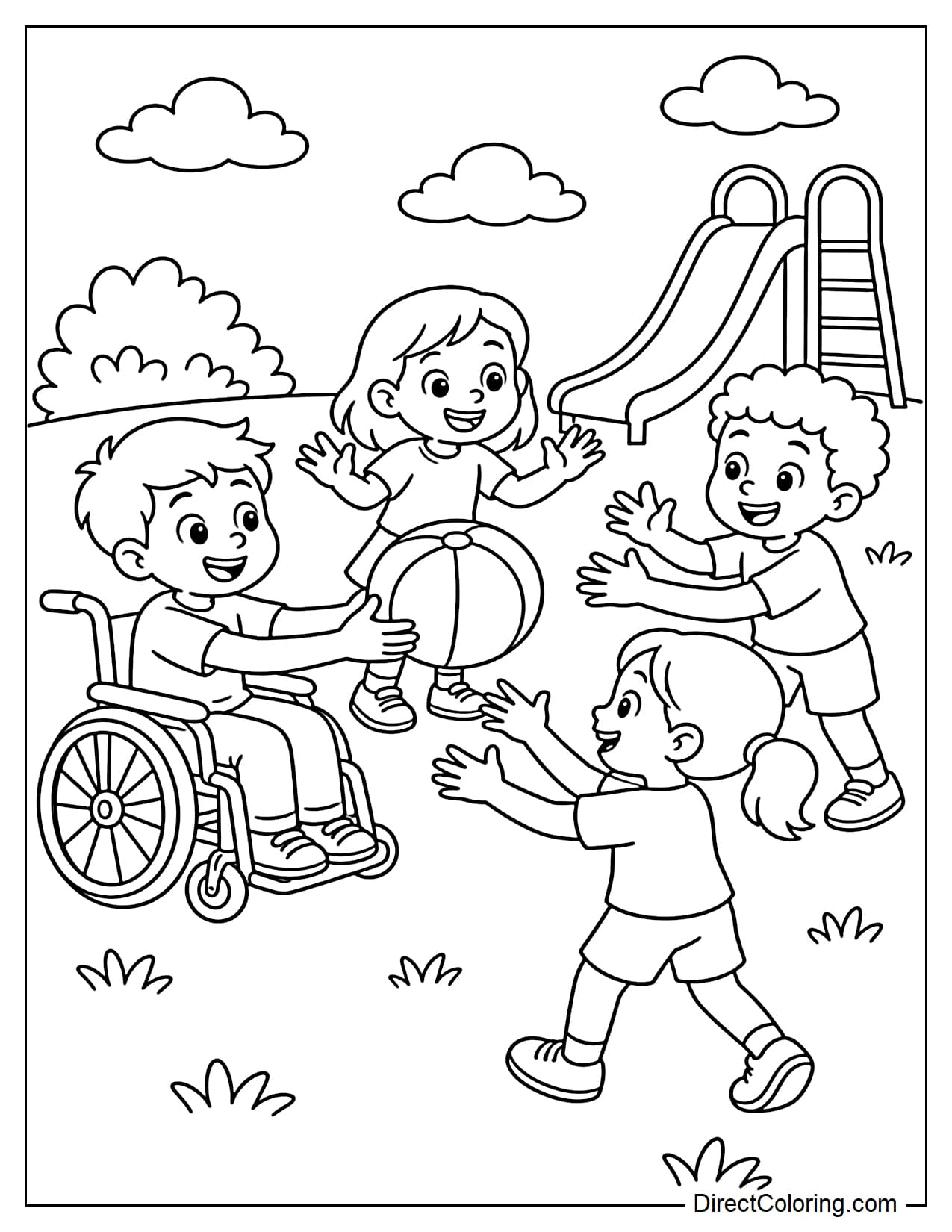 A child in a wheelchair happily passes a large ball with three friends in the playground, with a small slide, some bushes, and clouds in the background.