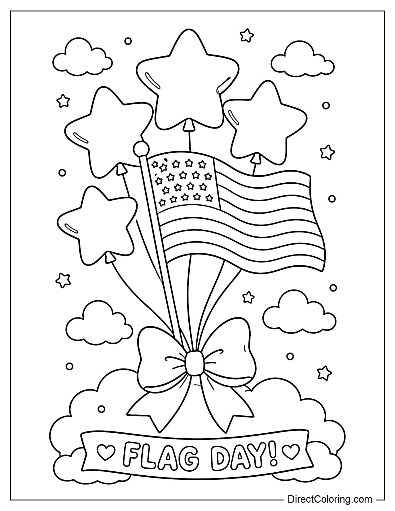 A balloon bouquet shaped like a star and the American flag is floating in the sky, with a large bow and ribbon at the bottom.