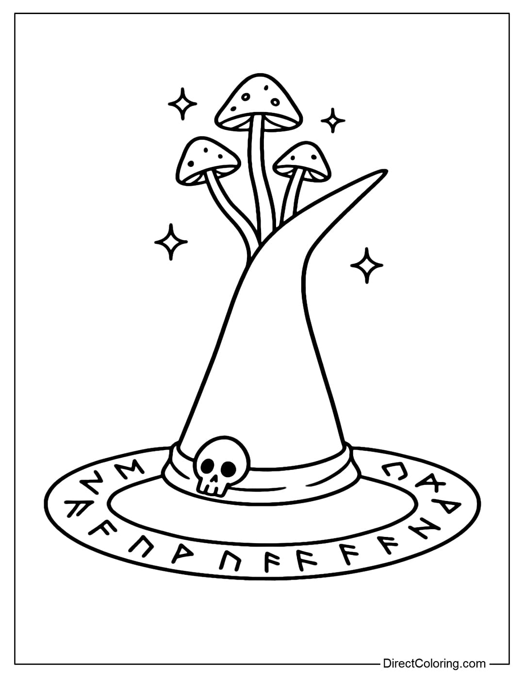 Coloring page of a pointed witch hat, wide brim with runes, and a few mushrooms growing from the top of the hat.