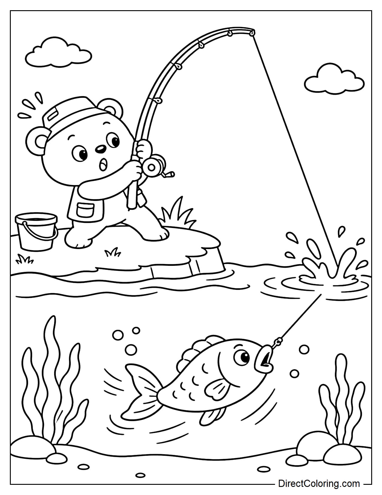 The moment the fishing line tightens as a small bear suddenly pulls the rod up, the fish trying to escape.
