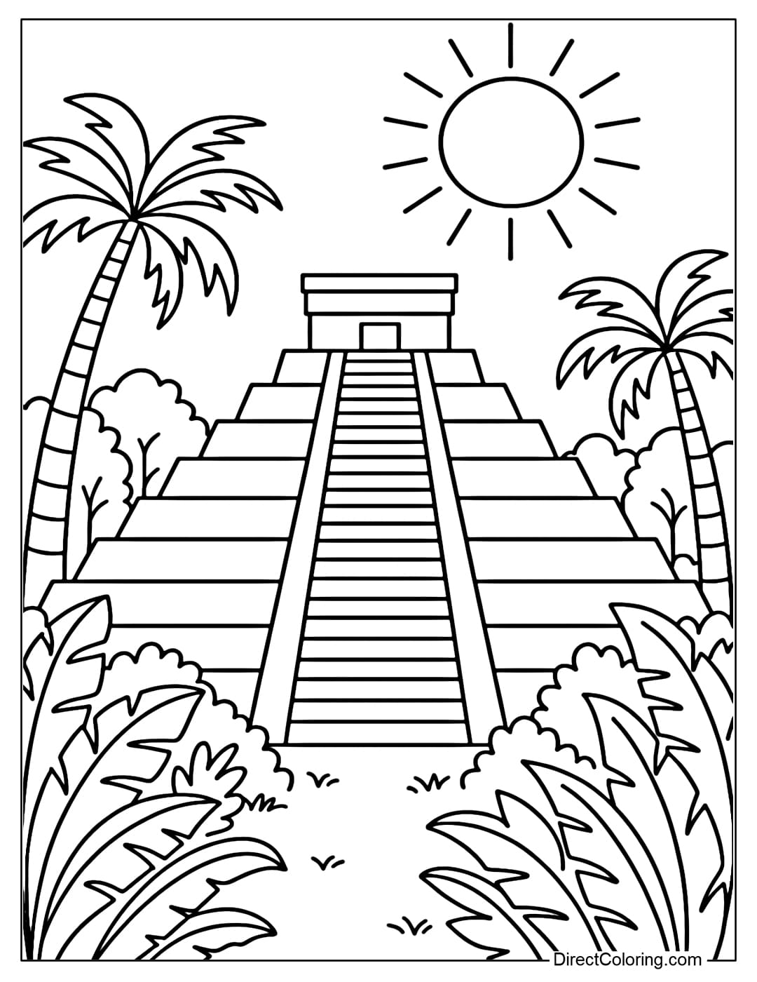 Aztec Pyramid coloring page with tall steps, the sun above, and a tropical forest all around.
