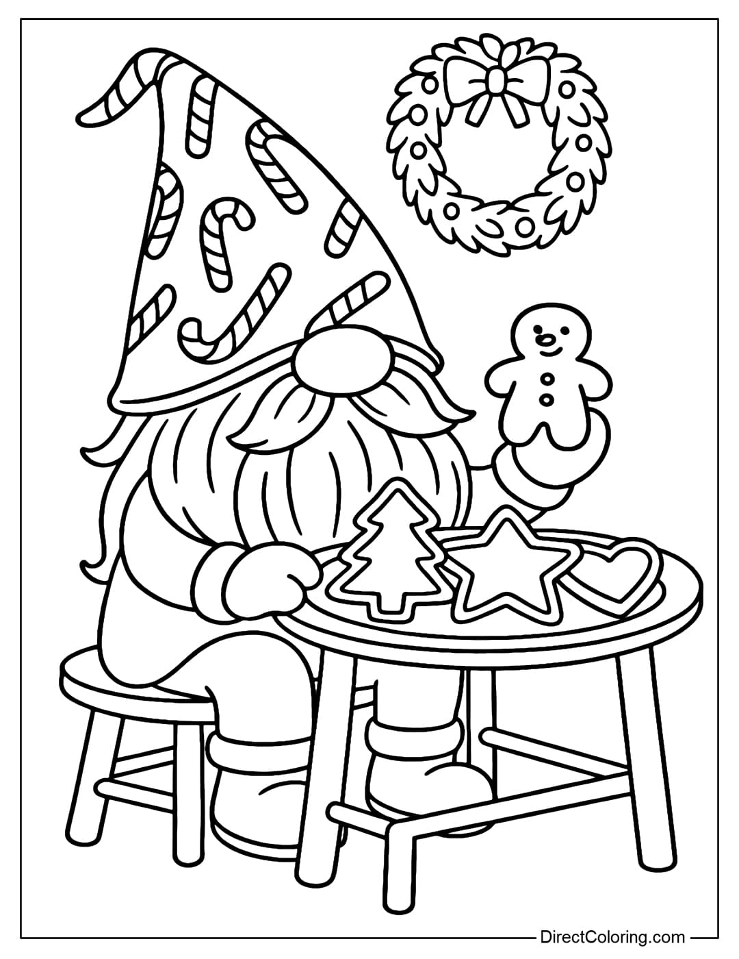 A coloring page of a gnome sitting at a small table with a plate of Christmas cookies, holding a snowman-shaped cookie.