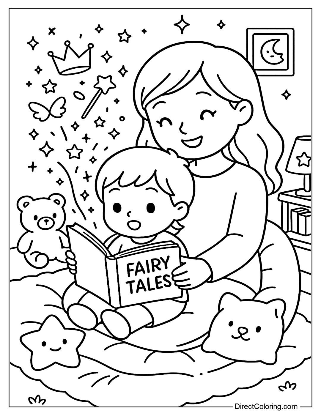 Coloring page of a child and his/her parents reading a fairy tale, with a star in the background, and magic flying up.