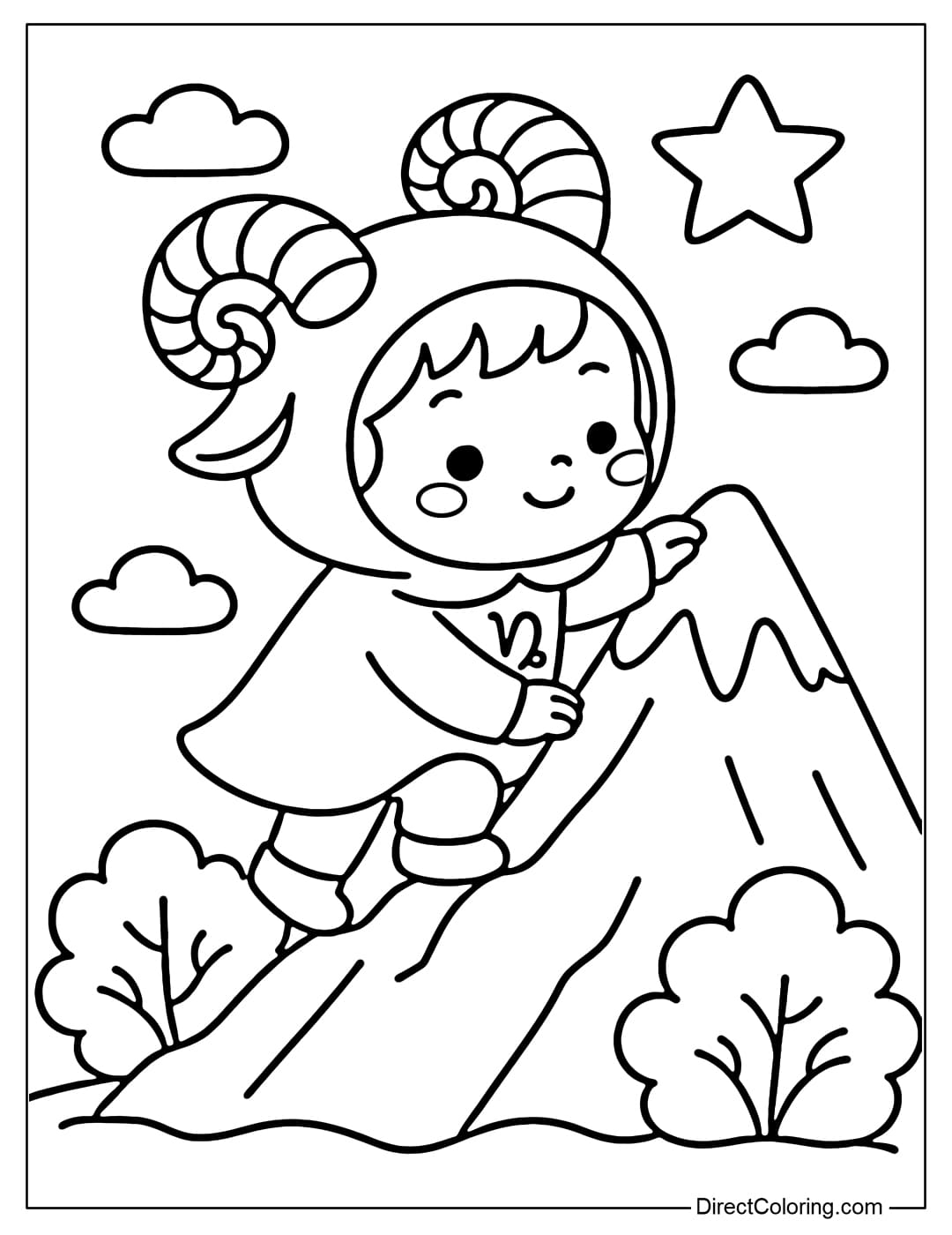 Adorable Capricorn coloring page wearing a goat coat, a twisted horned hat, and climbing a snow-capped mountain peak.
