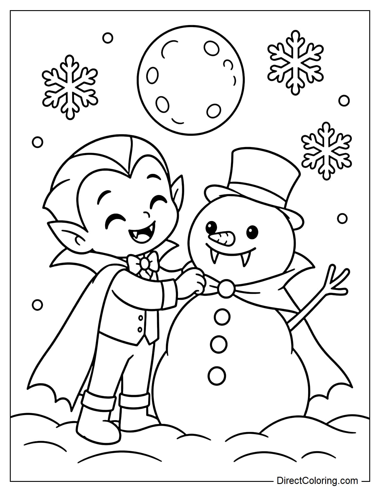 A cheerful vampire is building a snowman at night. The snowman wears a small cape and has two funny little fangs, while a full moon and a few large snowflakes appear above.