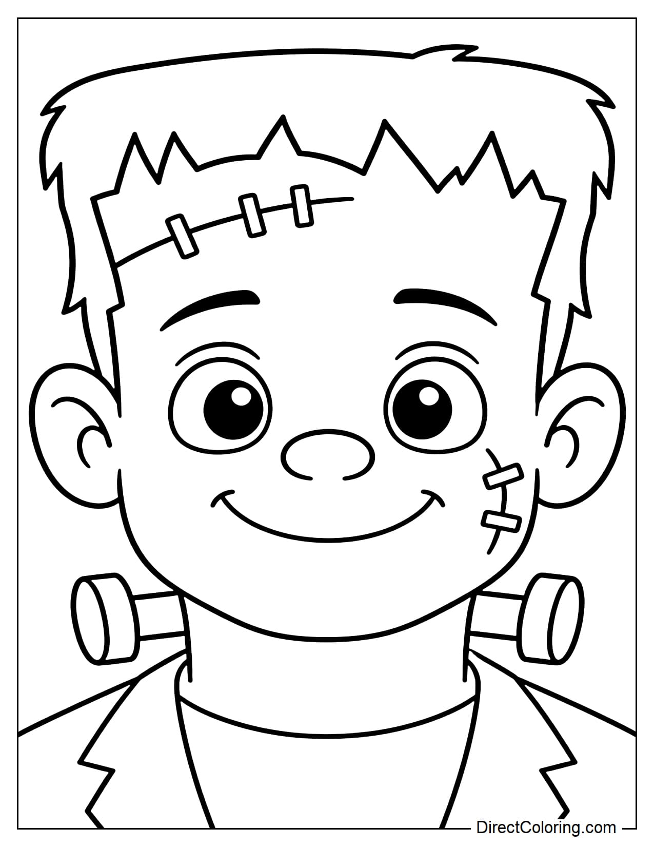Frankenstein's friendly face features his distinctive hair, two large neck bolts, and a few simple stitches across his forehead and cheek.