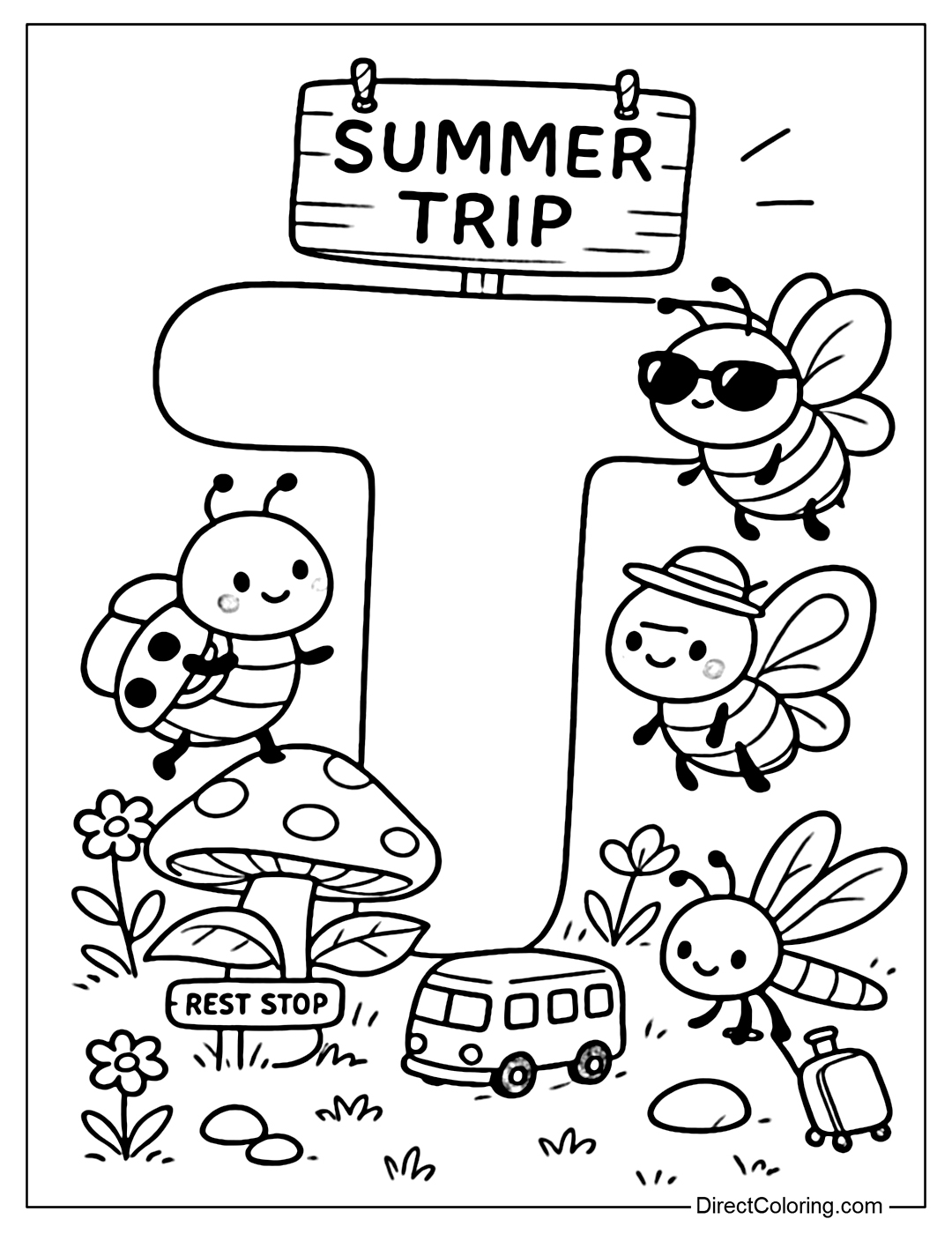 Letter T Coloring Page surrounded by tiny characters traveling in a miniature summer world.