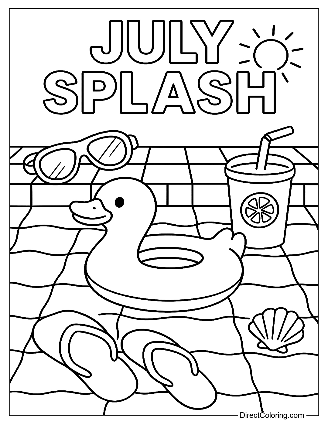 A summer swimming pool coloring page featuring animal floats, goggles, a cool drink, and the words 
