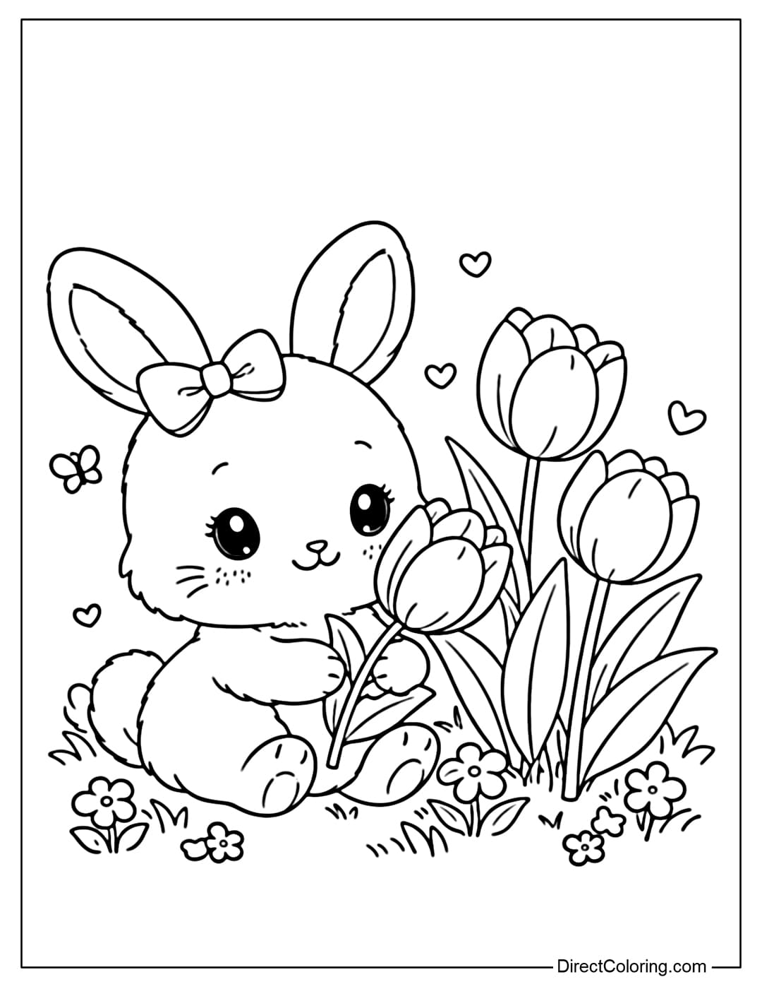 A coloring page of a little bunny next to tulips, in a sweet and cute style.
