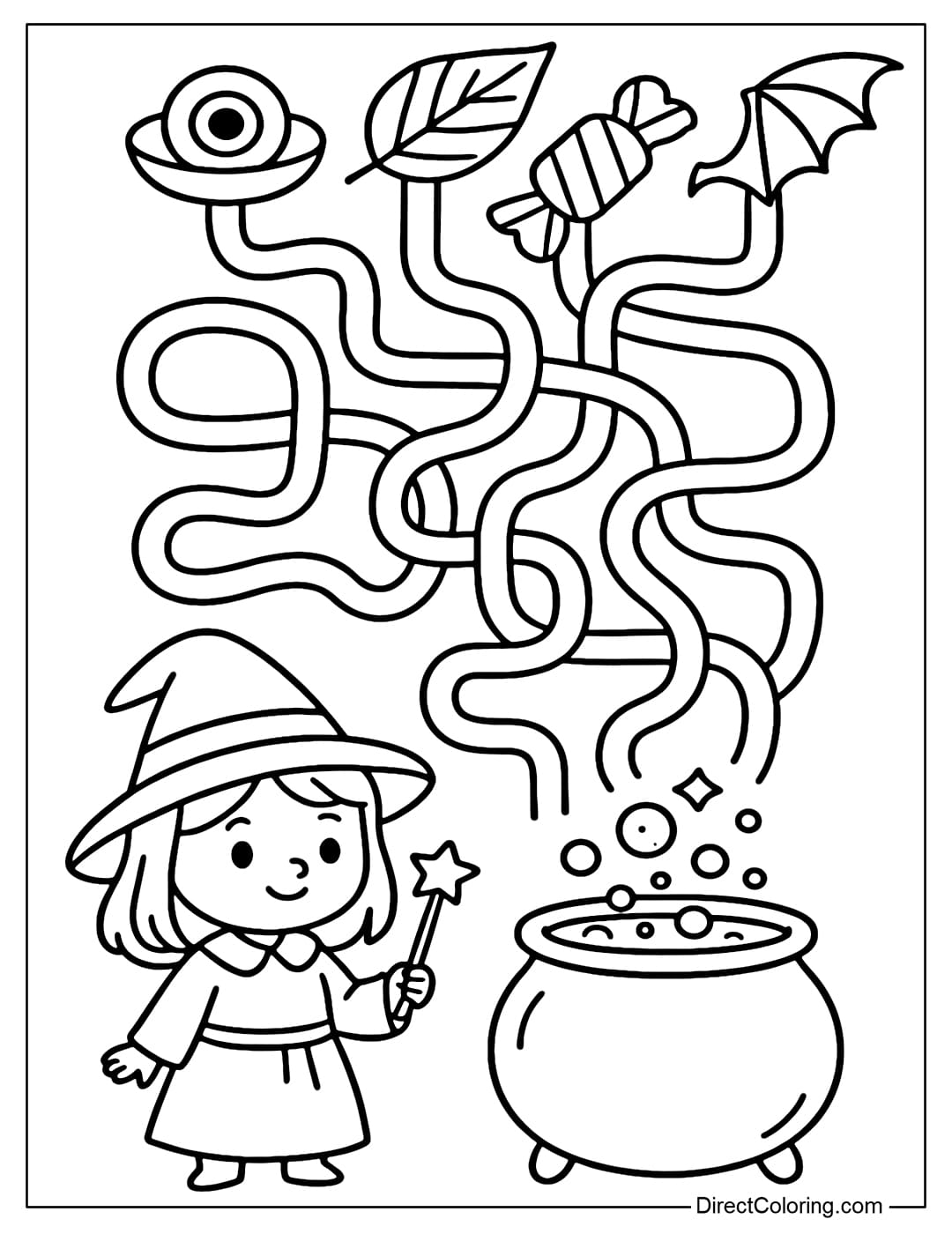 Maze coloring page in the form of a magic potion, with a little witch and a potion potion below. The witch chooses the correct pipe to put the main ingredients into the pot.