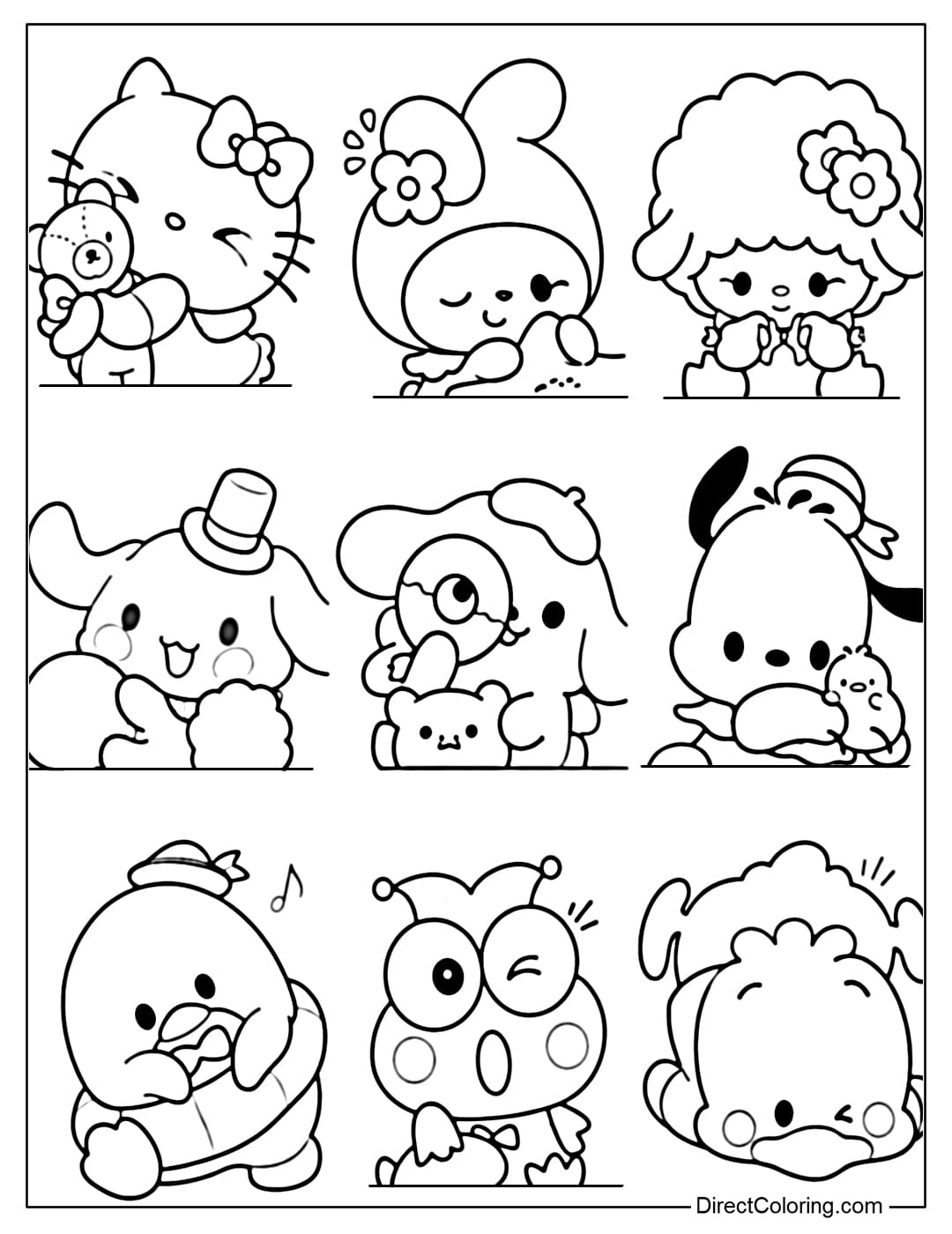 Coloring pages of Sanrio characters in adorable everyday moments: hugging stuffed animals, dozing off, smiling, or being affectionate.