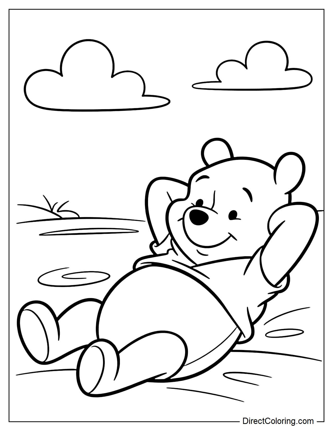 Winnie the Pooh is lying on his back, relaxing with a gentle smile, his hands behind his head, surrounded by clouds.