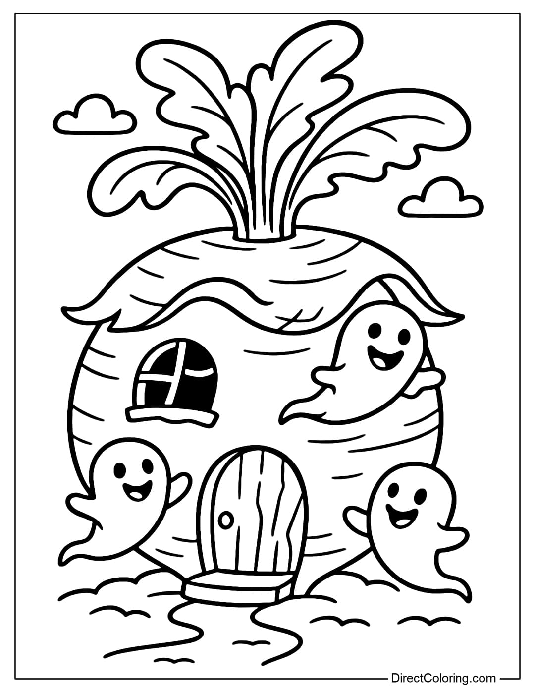 Haunted house coloring page with a turnip shape, distorted windows, and a few small ghosts peeking out with mischievous smiles.