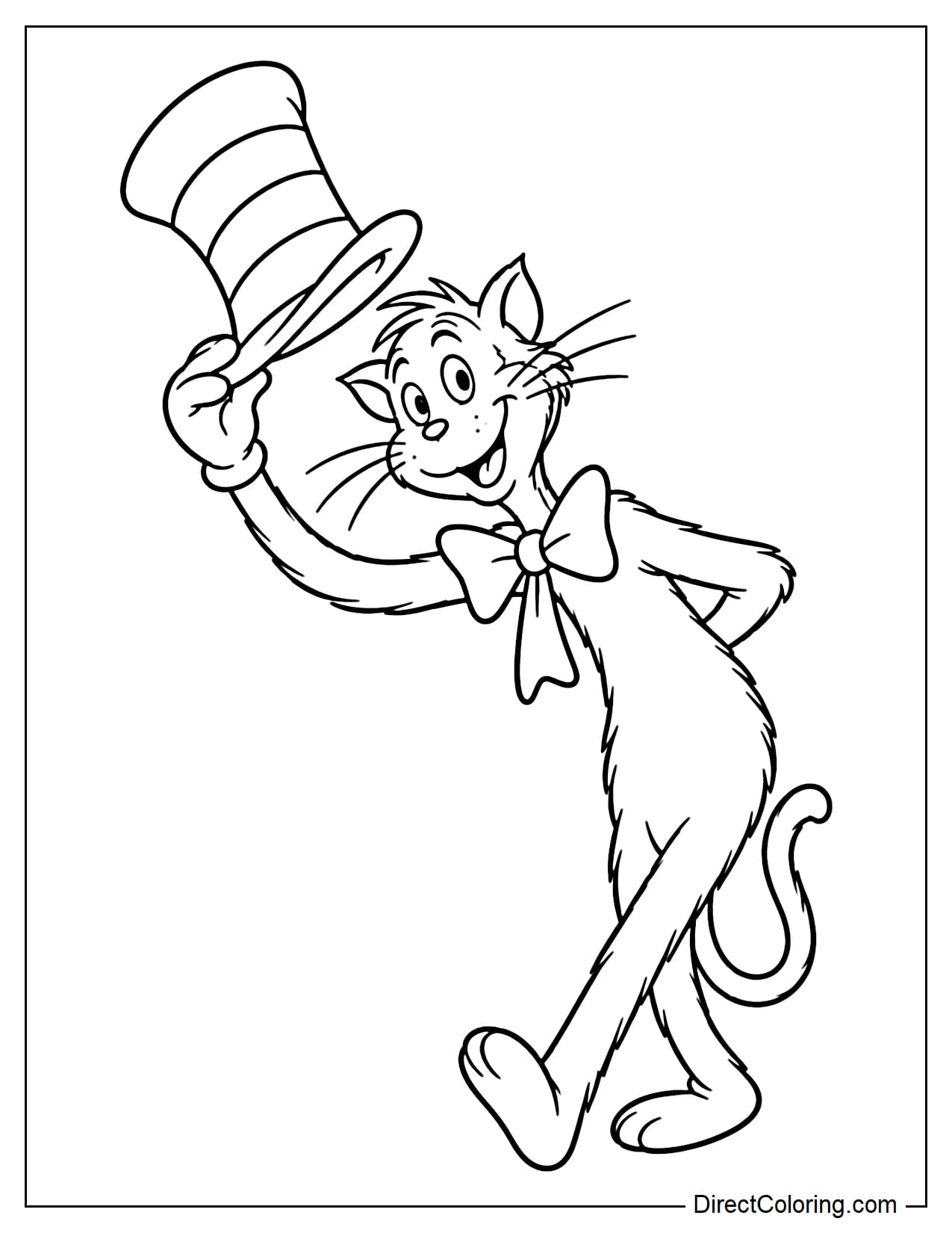 The Cat in the Hat gives a playful, polite bow, holding his tall striped hat off to one side with one hand while keeping the other hand behind his back.