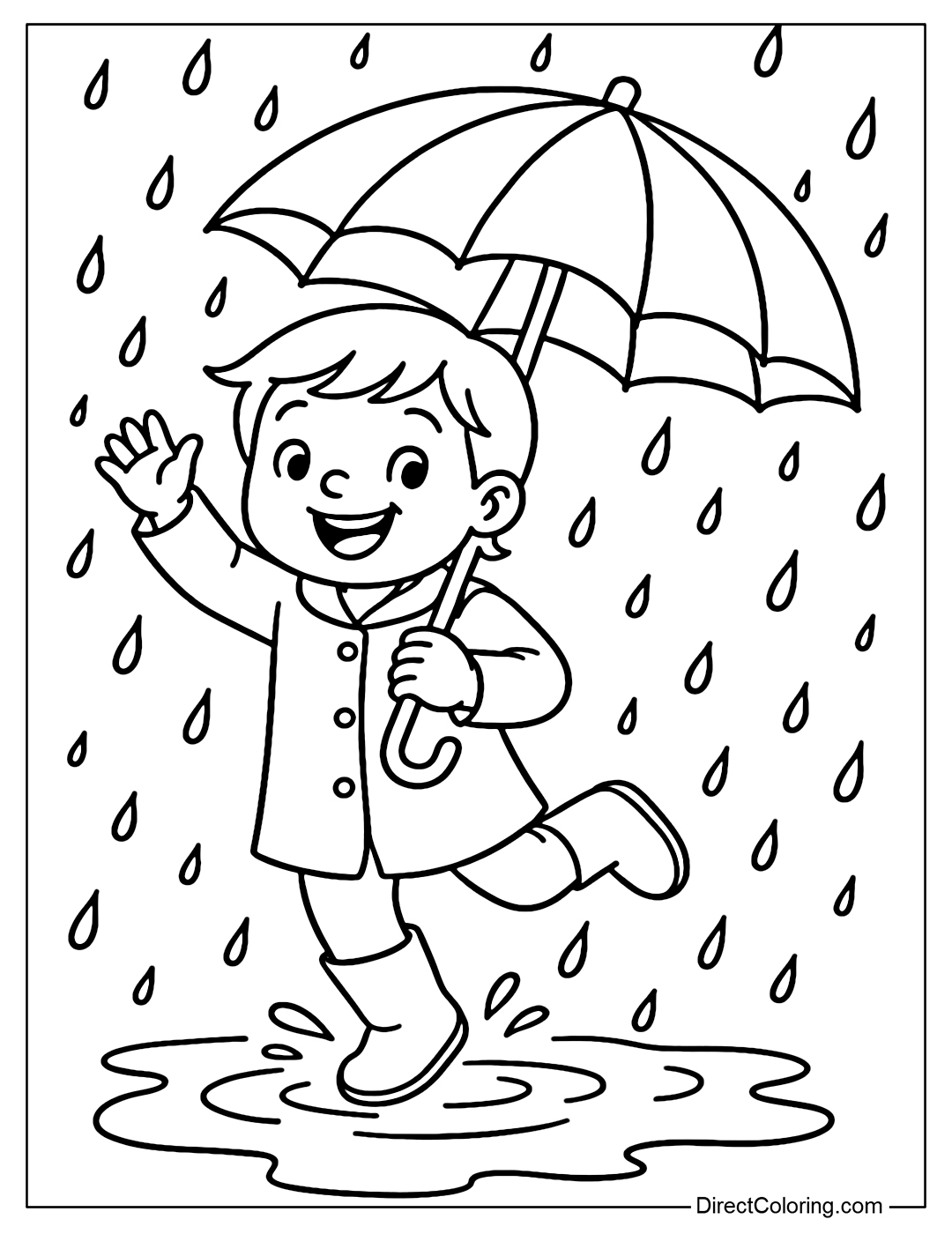 A coloring page of a child holding an umbrella, hopping and waving to the rain with a happy face.