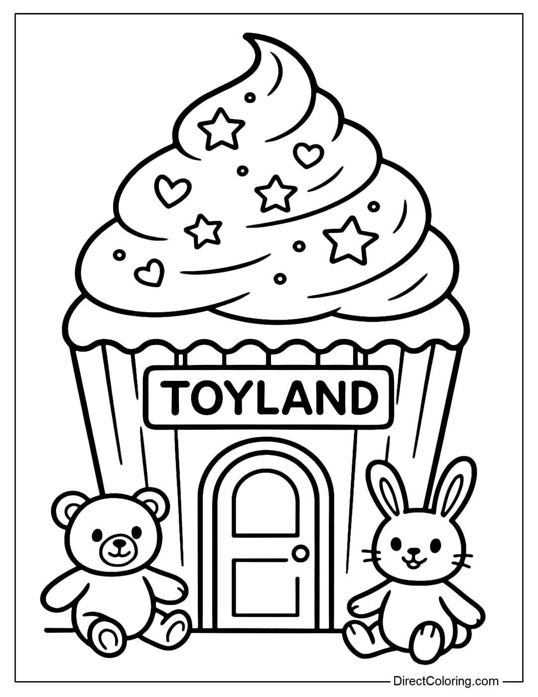 Cupcake Toy Shop Coloring Page A cupcake toy shop coloring page, with a sign
