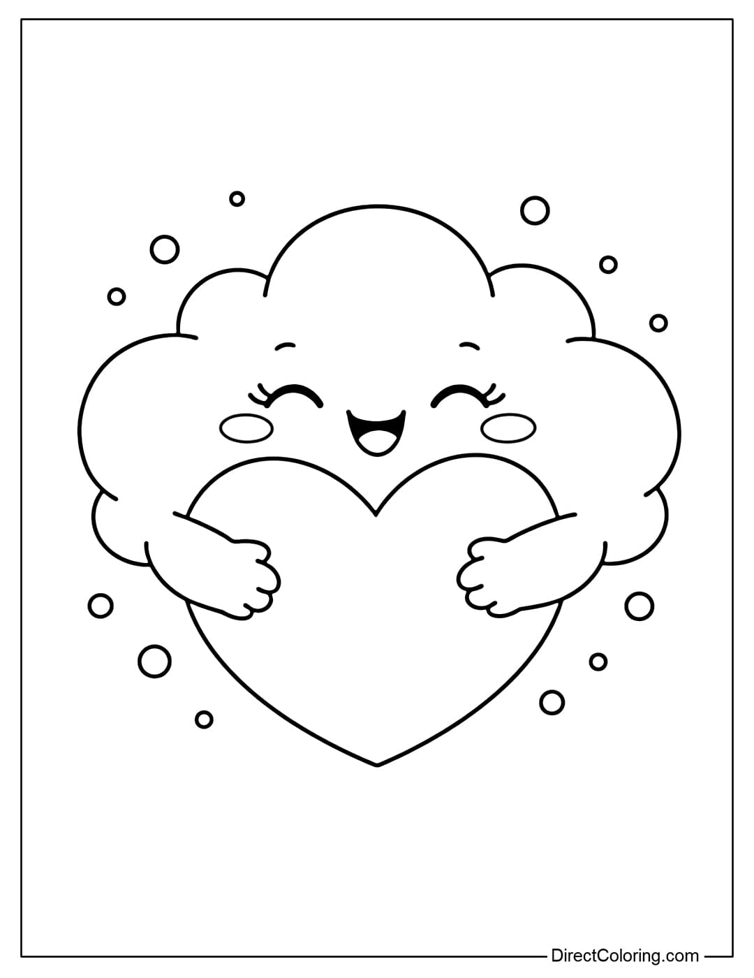 A cloud coloring page hugging a big heart with a happy expression, surrounded by a few small decorative dots.