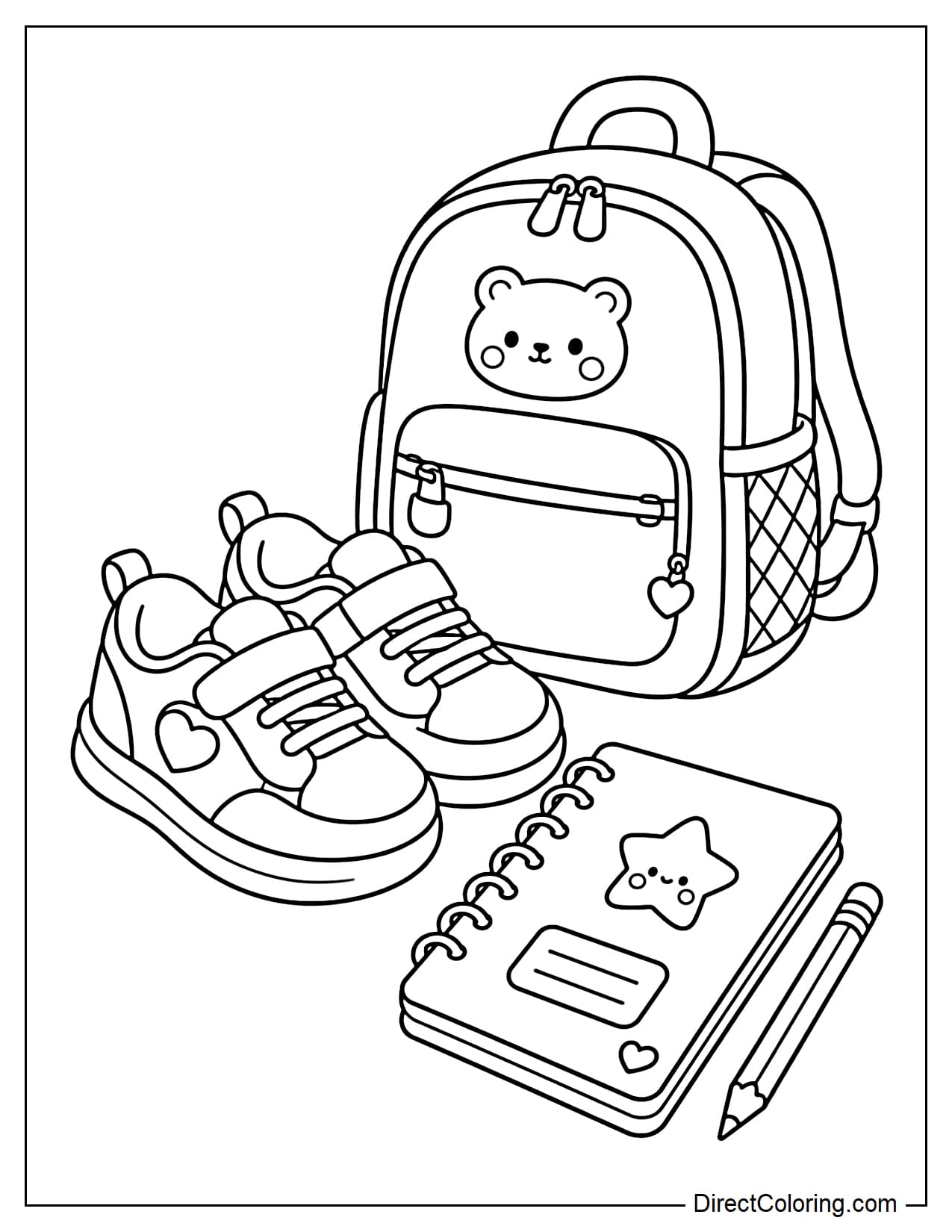 A simple pair of school sneakers placed beside a small backpack, with a notebook and pencil nearby.