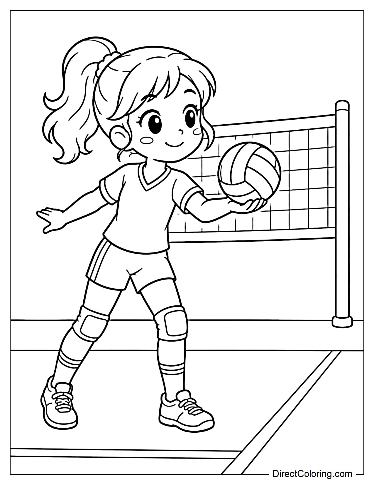 A young girl volleyball player is standing and getting ready to serve, holding the volleyball in one hand while gently extending the other arm behind her, with a volleyball net in front.