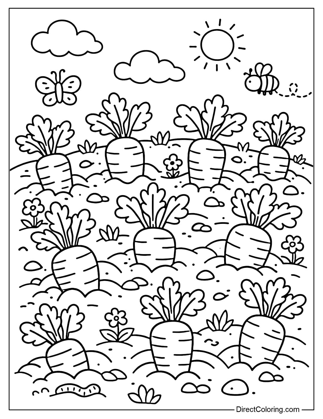A small carrot garden with many scattered carrots, simple soil and leaves.