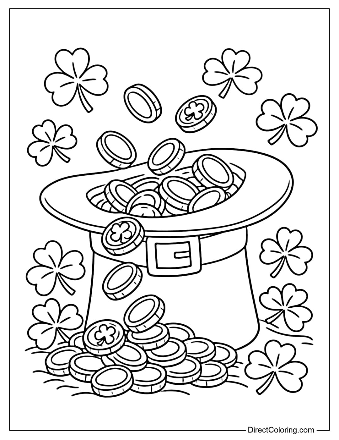 Coloring page for a green leprechaun hat with gold coins falling out and a shamrock around it.