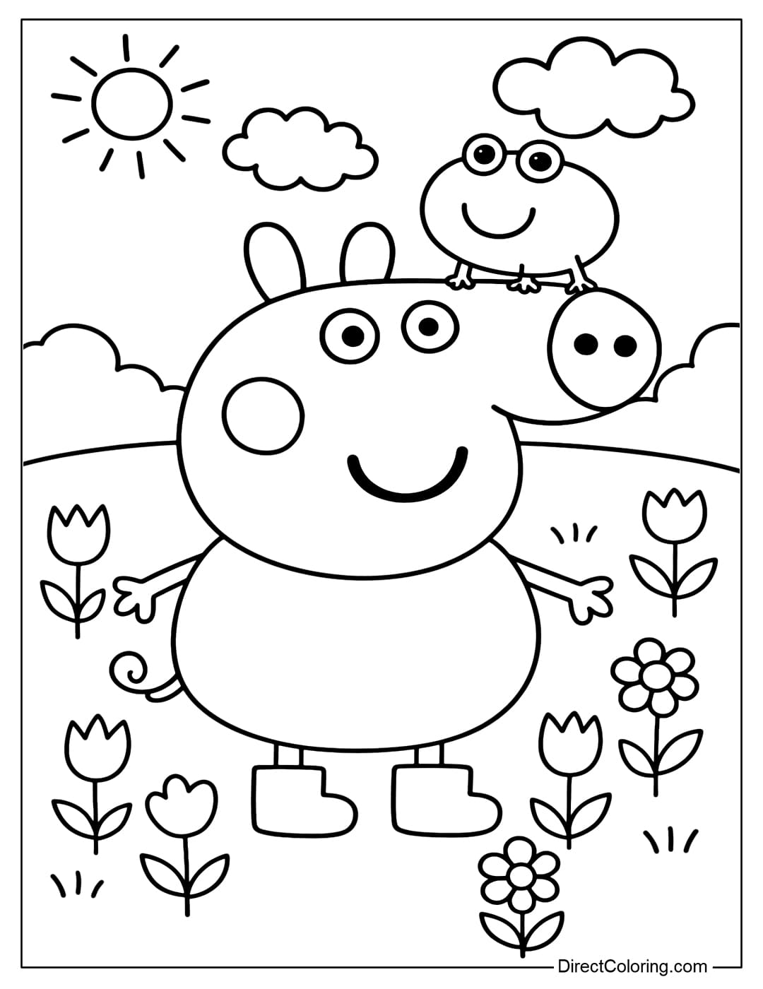 A coloring page of George Pig in a flower garden, with a frog sitting on his head.