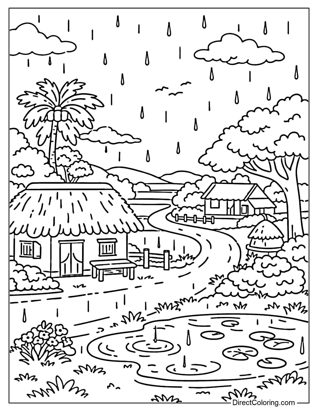 This coloring page shows a village beside a tranquil lake with trees and houses reflecting gently in the water.